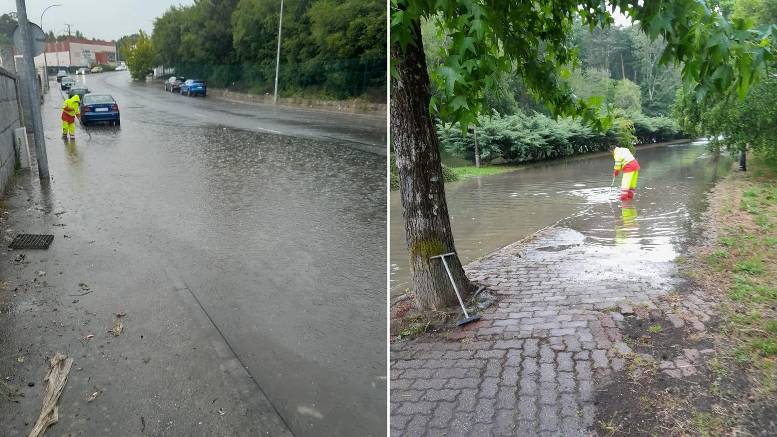 Grupo municipal de Emergencias de Carballiño actuando en varias calles inundadas.