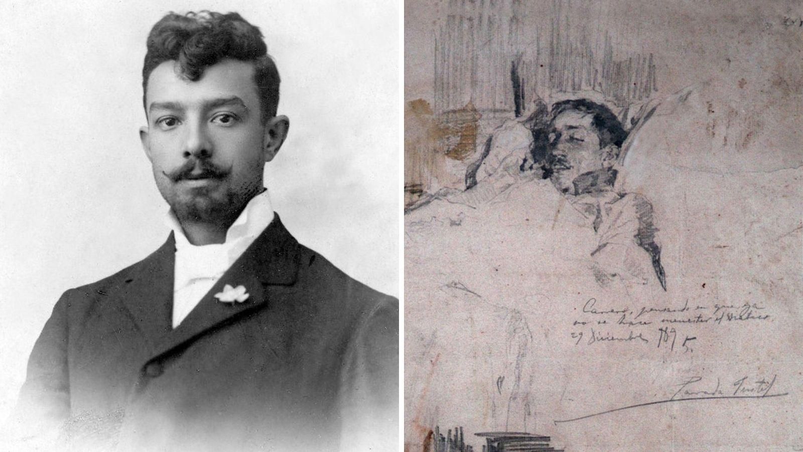 Parada Justel e debuxo de Jenaro Carrero doente, no Museo de Belas Artes.