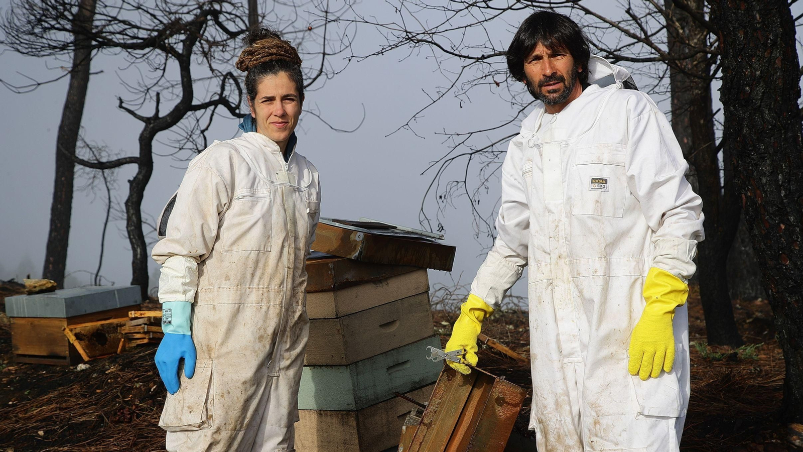 Lucía Parente y José Antonio Pazos "Ñaka", con algunas de sus colmenas que ardieron en Soutelo (Laza).