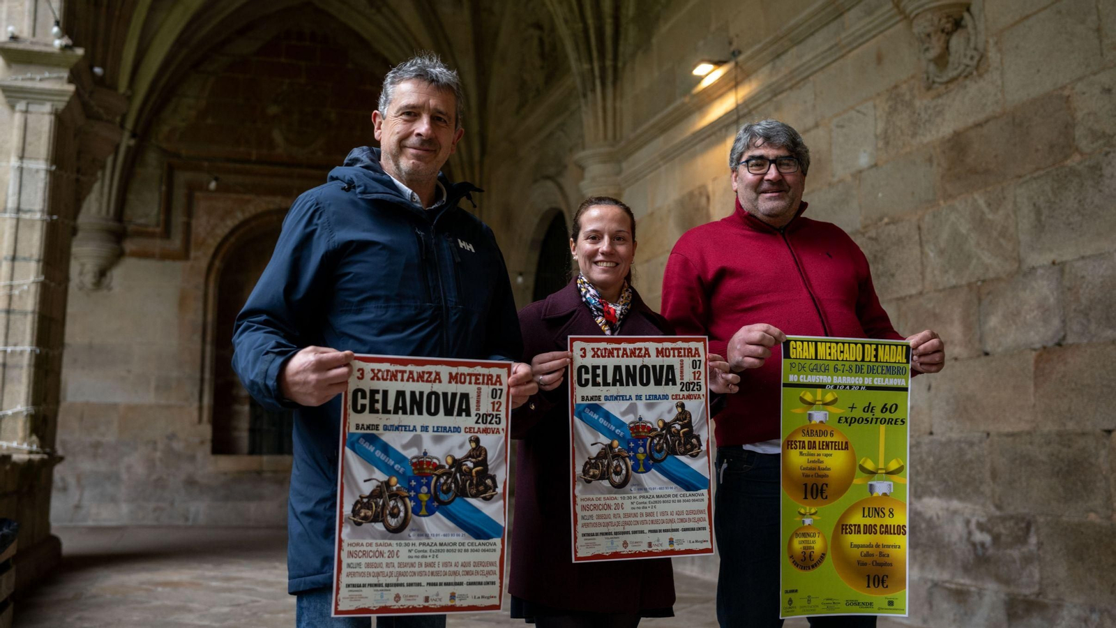 Antonio Puga, Sandra Quintas y Julio Gosende, este miércoles en el claustro barroco de Celanova durante la presentación de los eventos de este puente.