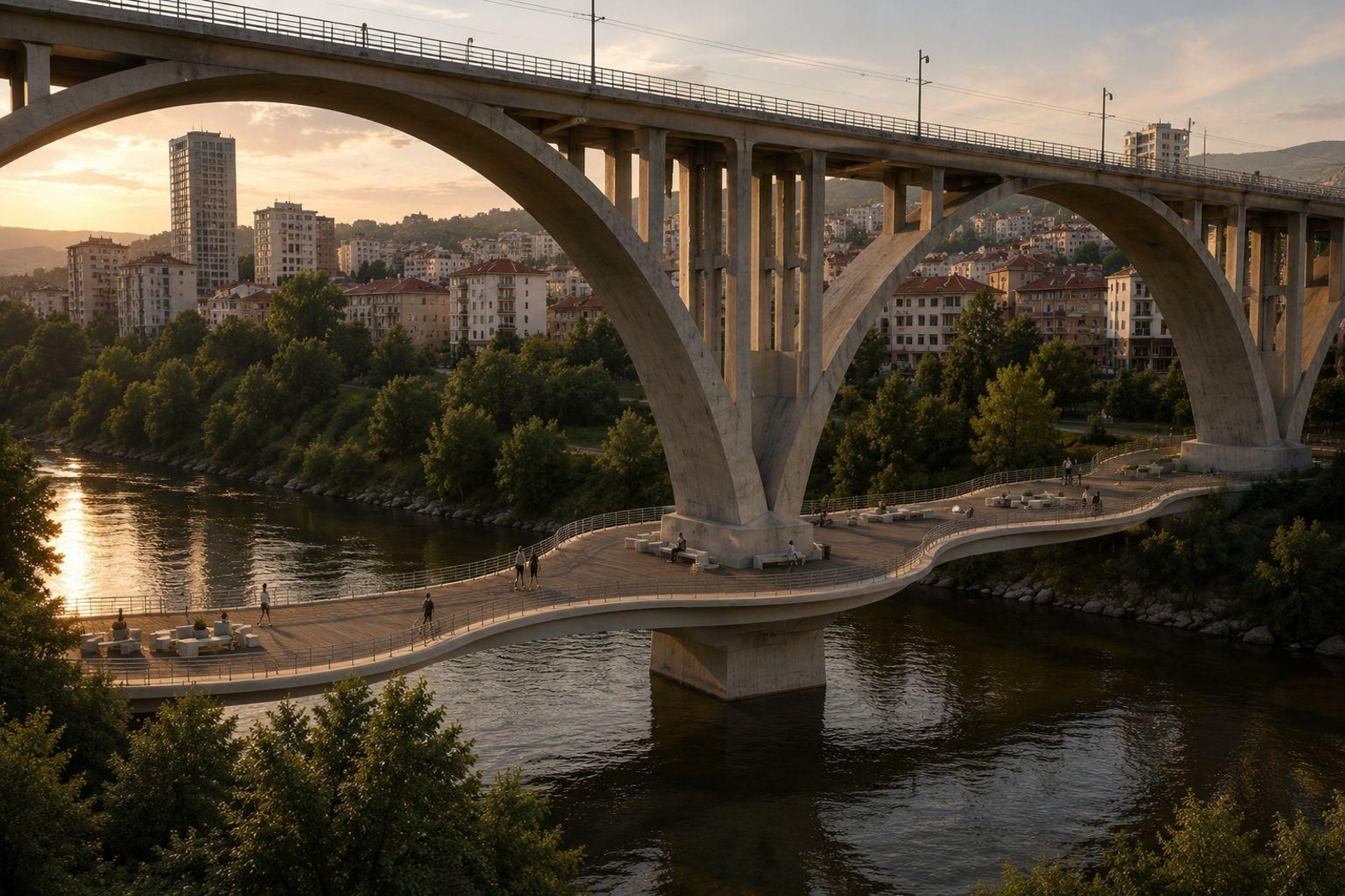 Render de la pasarela peatonal que Raúl García propone crear en el viaducto ferroviario, para conectar las orillas del río Miño.