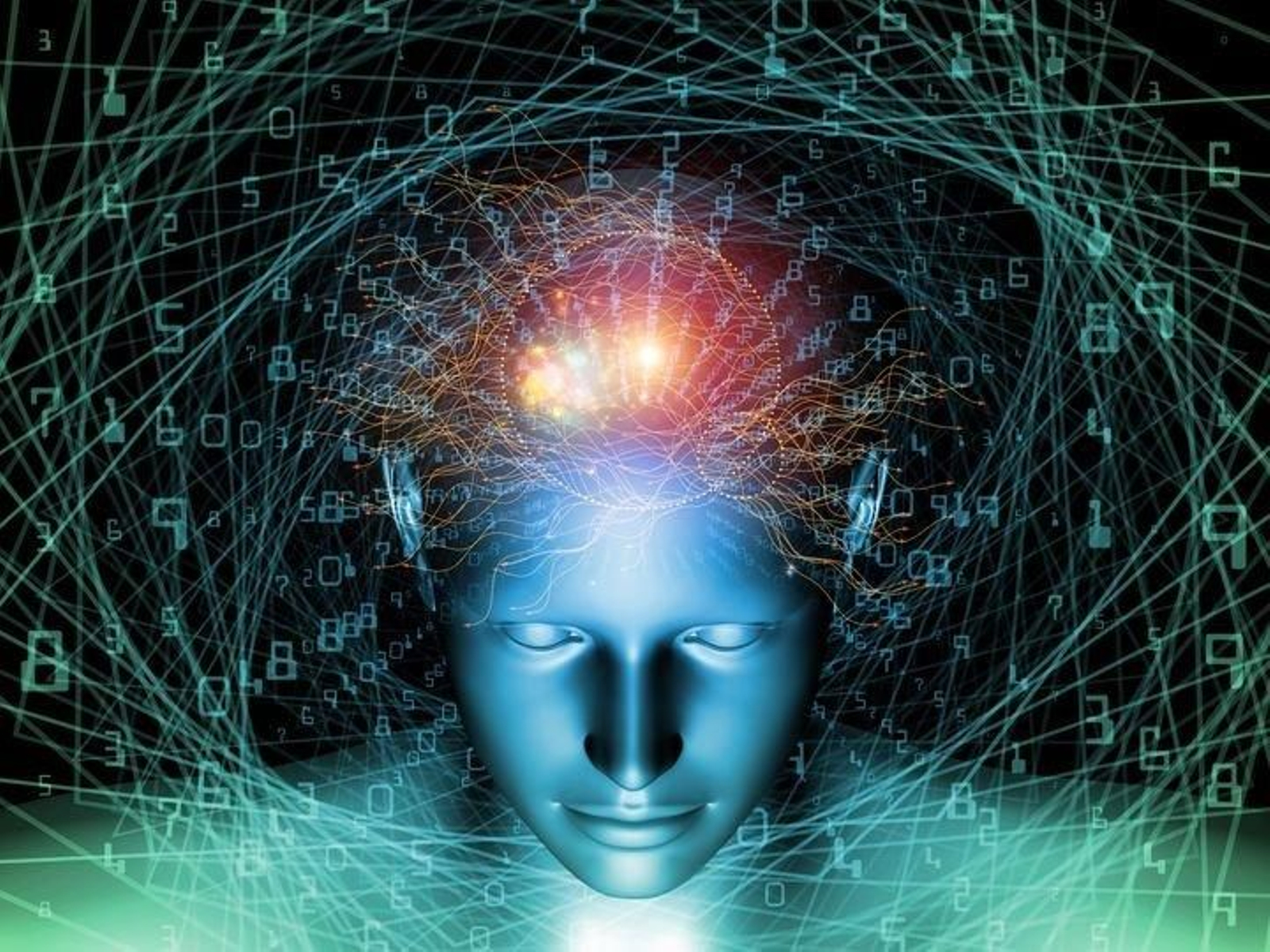 Design composed of human head, fractal grids and numbers as a metaphor on the subject of science, math, geometry and modern technology