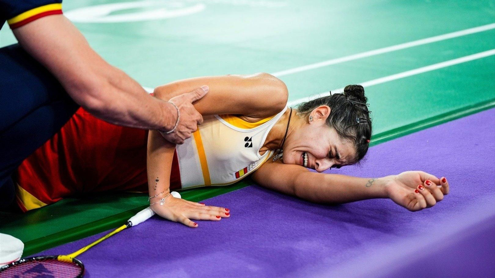 Carolina Marín tras la lesión de este domingo (Foto: Europa Press).