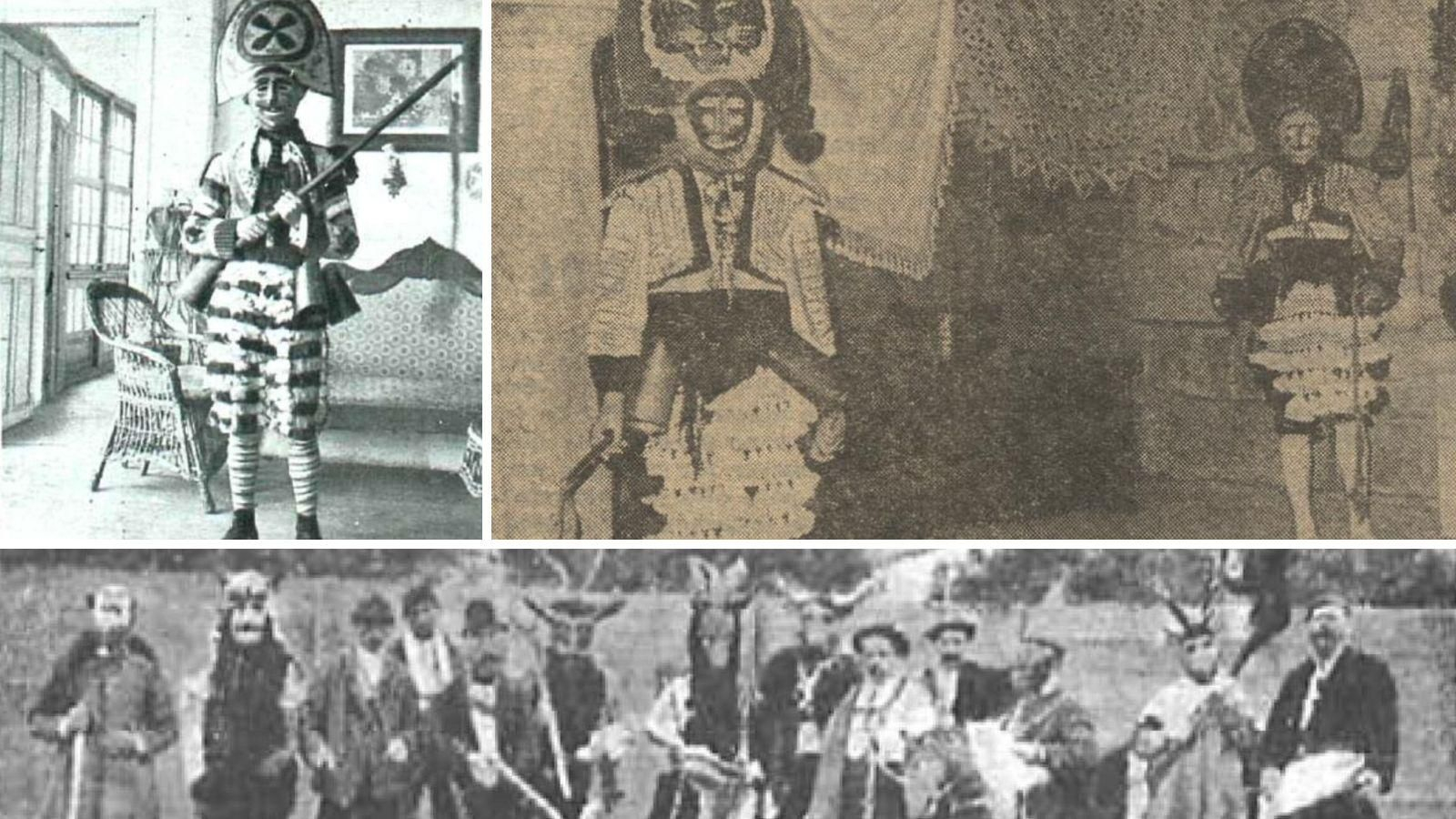 Cigarrón de Monterrey. La Esfera nº 369 . / Dos reproduciones de los cigarrones a tamaño natural. La Región nº 17220. / Comparsa campesinos de Salzburgo con caretas en 1912.