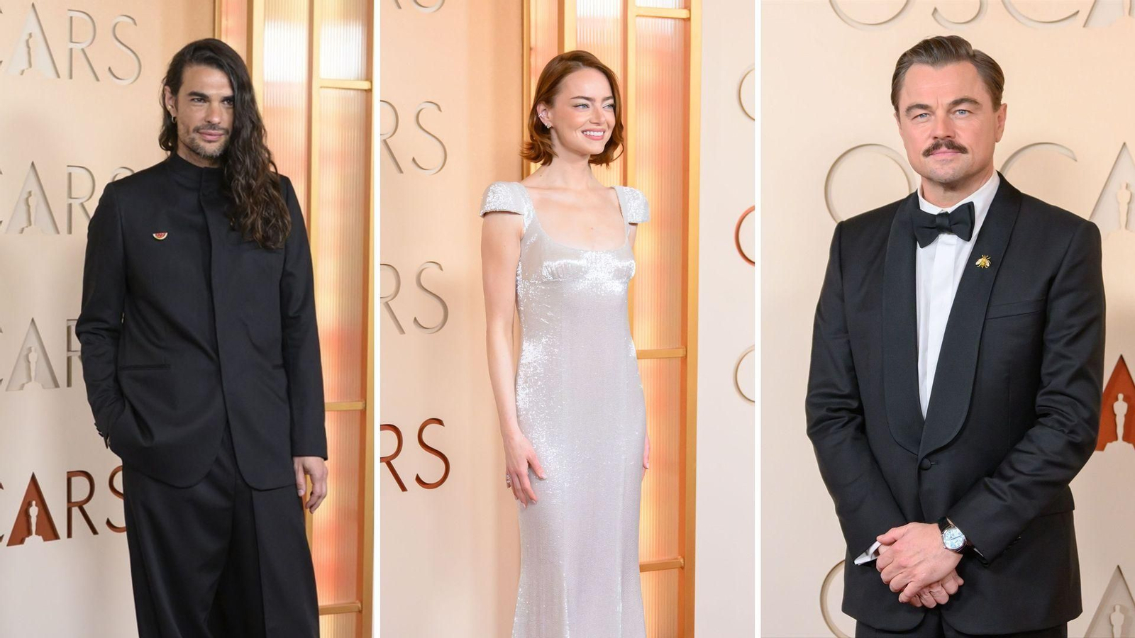 Oliver Laxe, Emma Stones y Leonardo Di Caprio en la alfombra roja de los Oscar 2026.