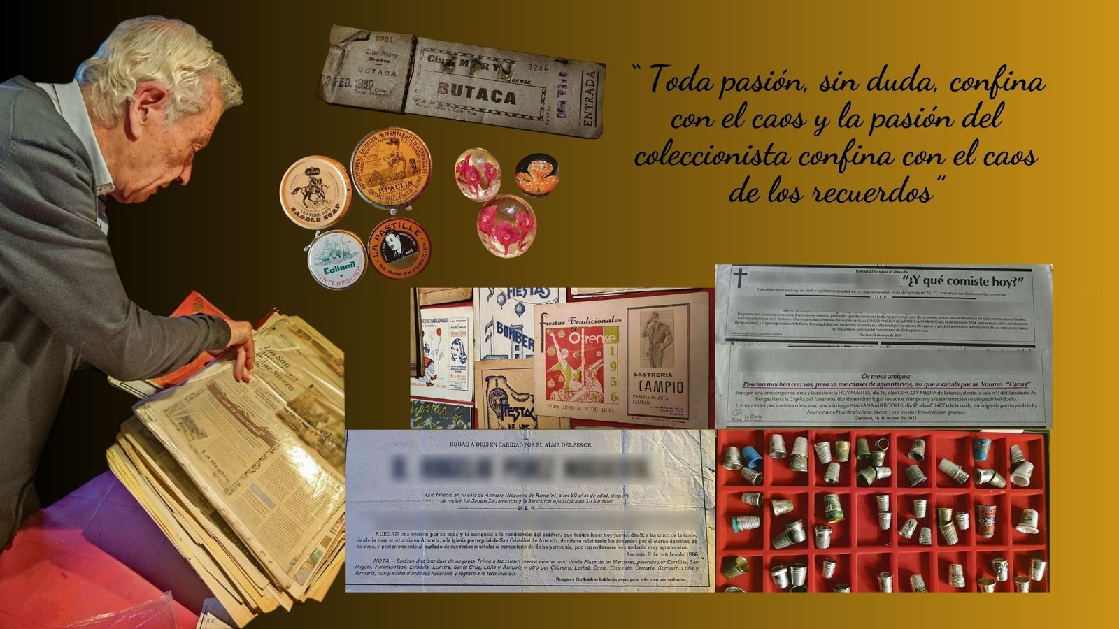 El coleccionista ante un lote de esquelas.