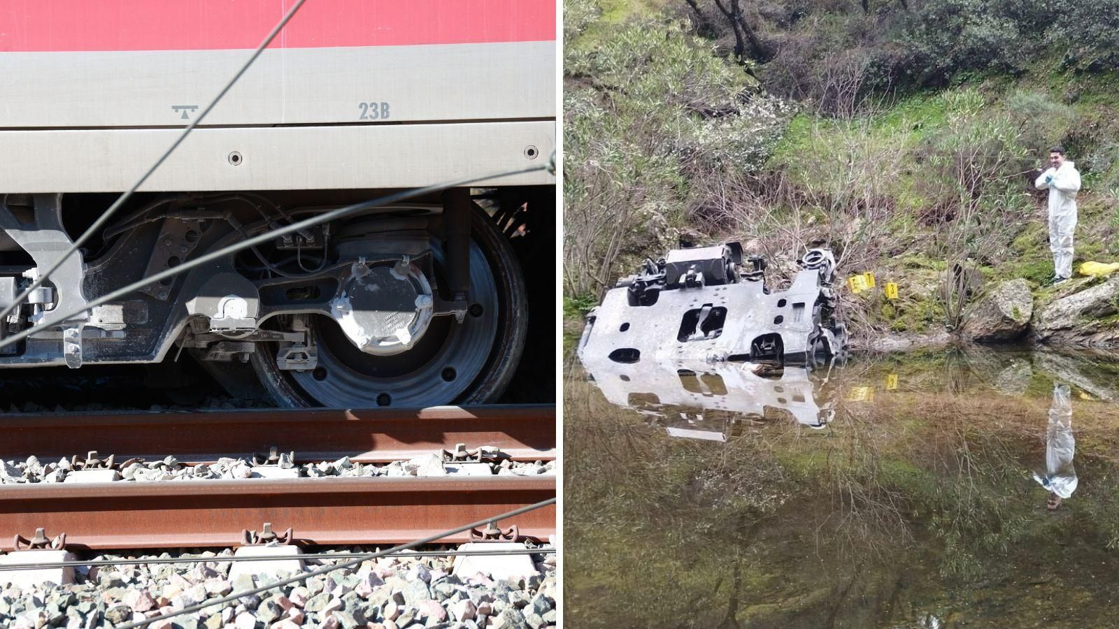 Uno de los vagones del tren Iryo que descarriló, a 20 de enero de 2026, en Adamuz, Córdoba y la pieza encontrada a 250 metros de las vías