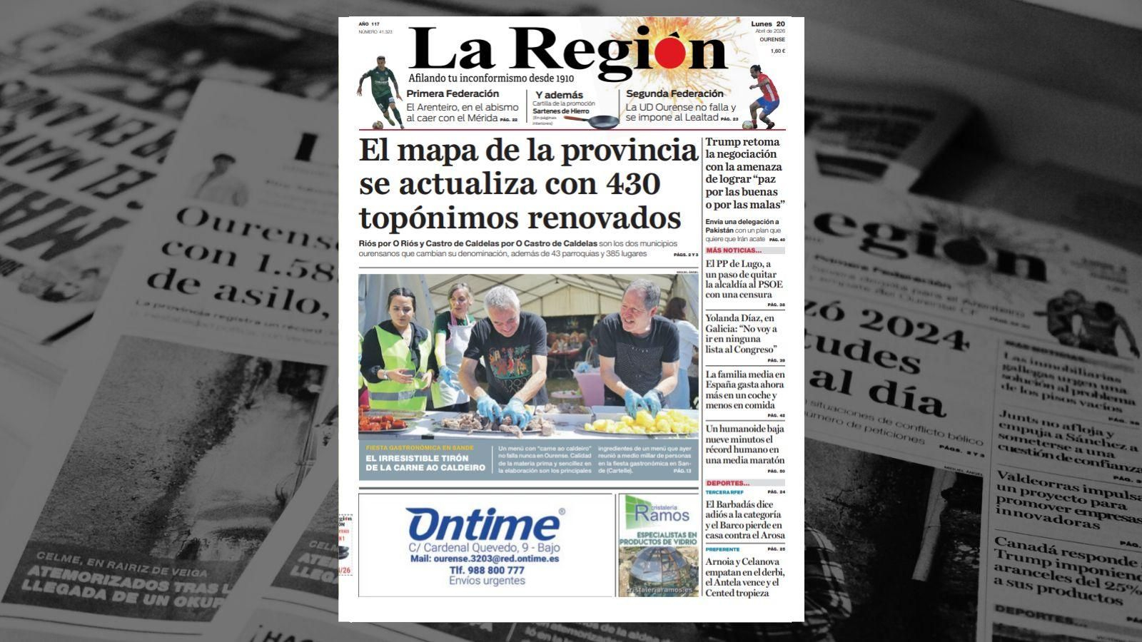 La portada de La Región de este lunes, 20 de abril.