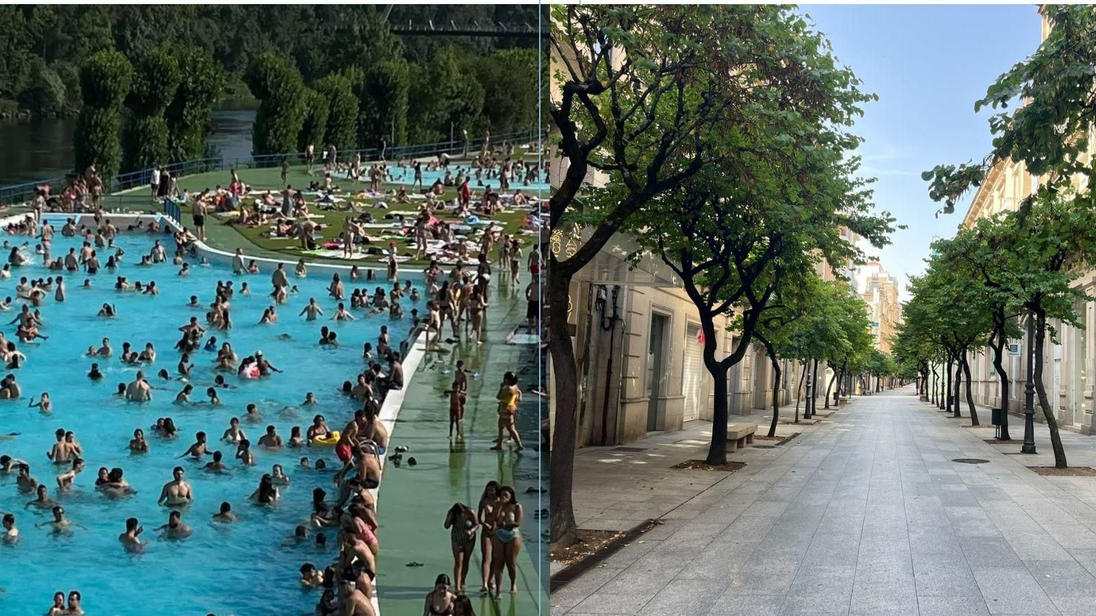 Refugio climático de las piscinas de Oira (dcha.) y la calle del Paseo vacía por el calor.