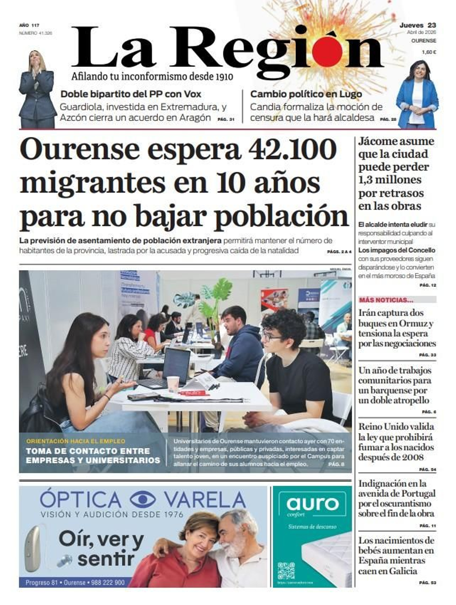 La portada de La Región de este jueves, 23 de abril.