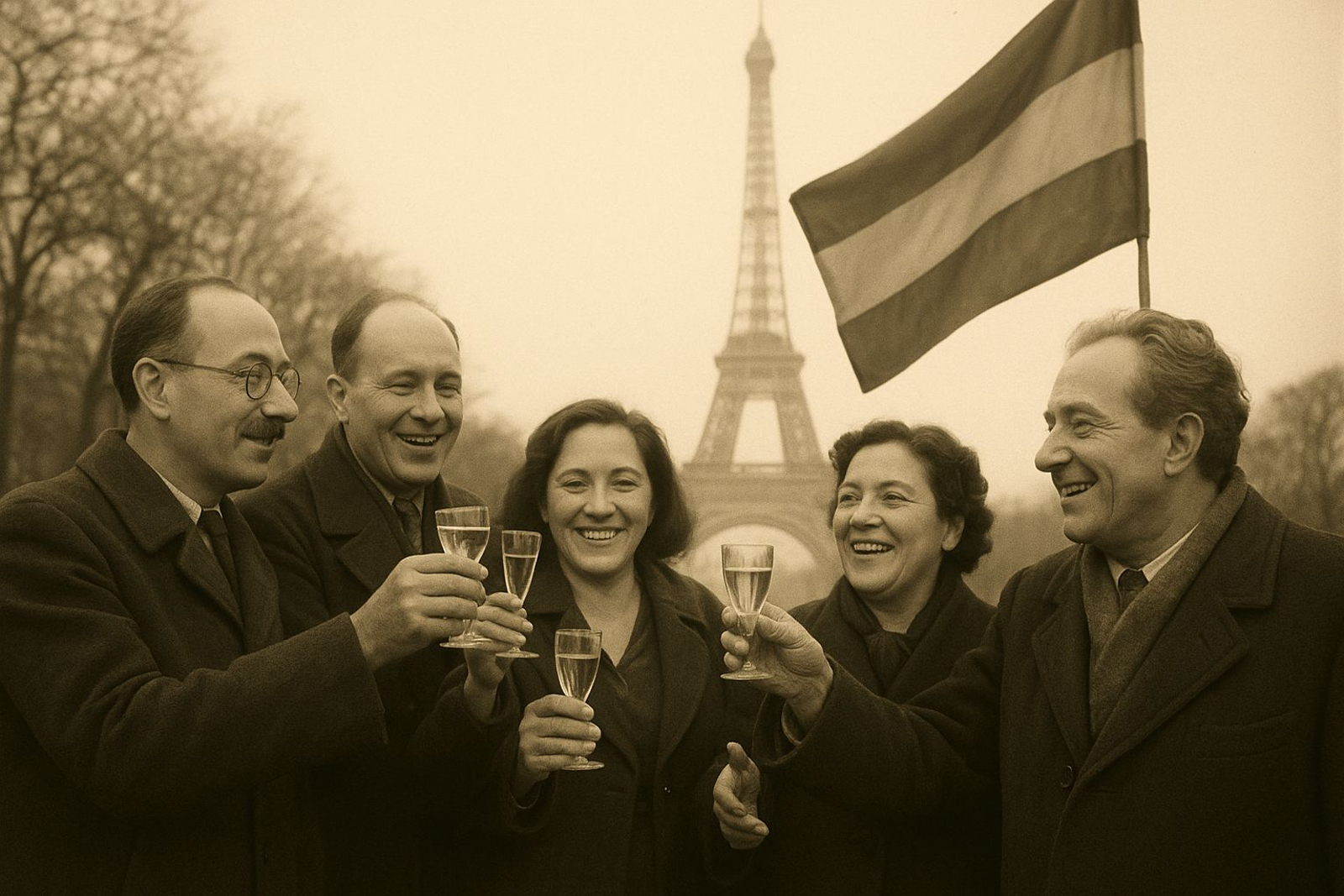 Imagen generada con inteligencia artificial de españoles exiliados en Francia, celebrando la muerte de Franco