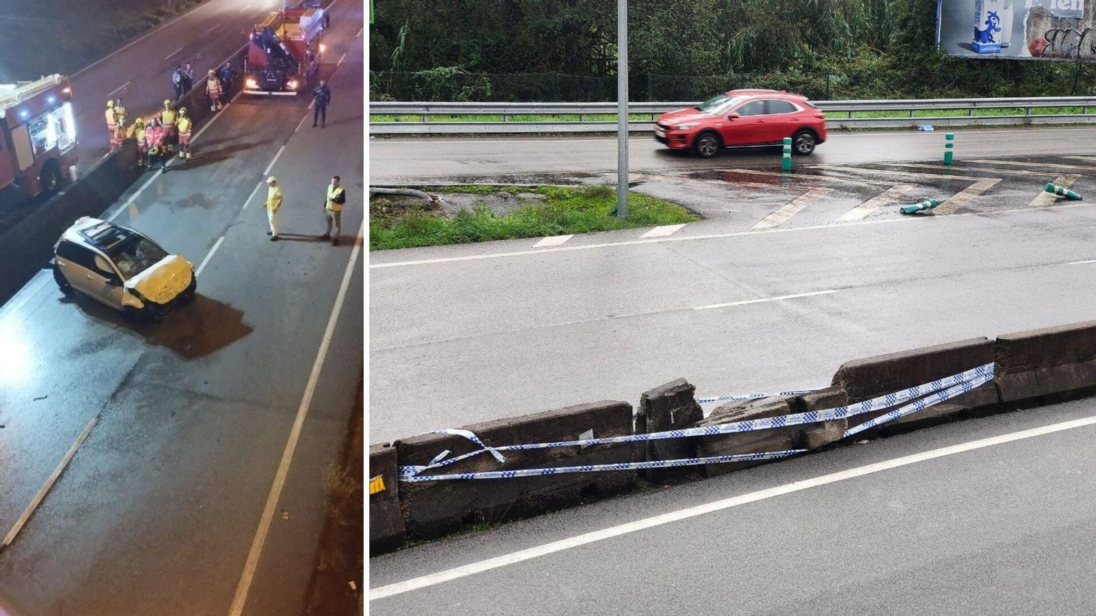 El coche accidentado y el lugar del accidente. // Cedida/Jorge Santomé