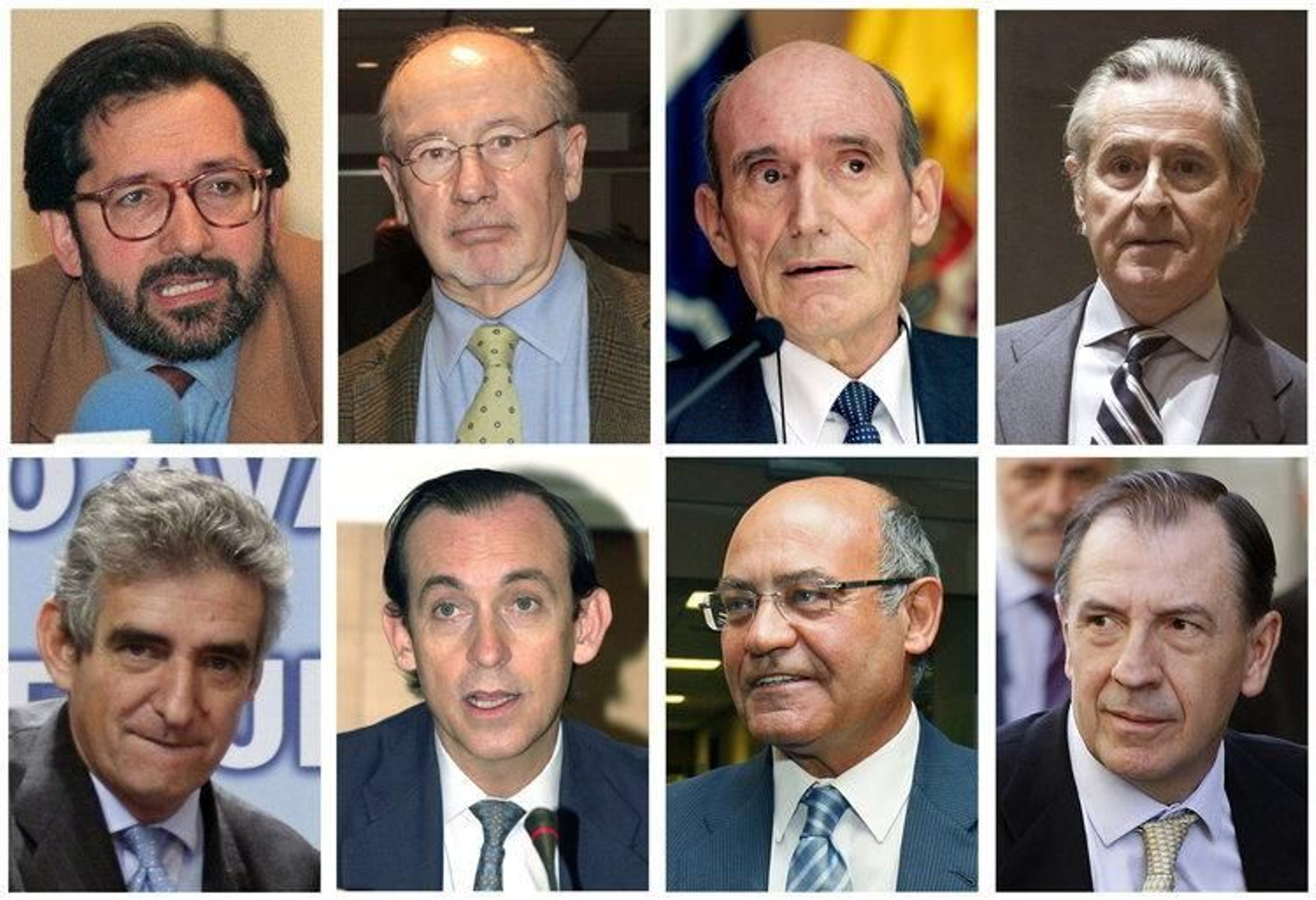 De izquierda a derecha y de arriba a abajo, José Antonio Moral Santín, Rodrigo Rato, José Manuel Fernández Norniella, Miguel Blesa, Matías Amat, Estanislao Rodríguez-Ponga, Gerardo Díaz Ferrán e Ildefonso Sánchez Barcoj, algunos de