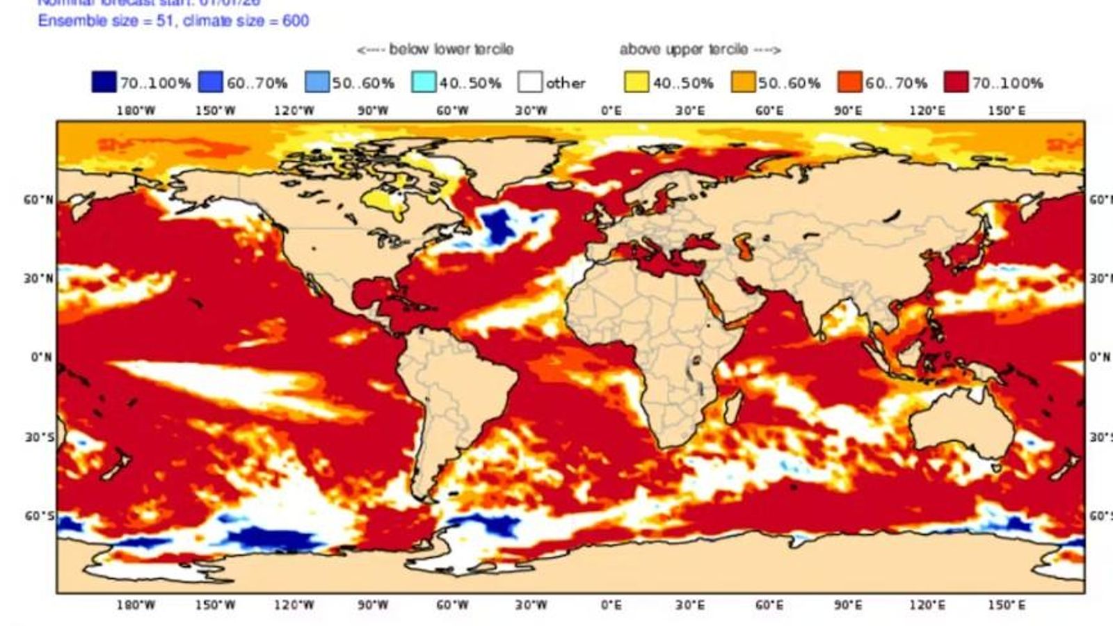 Anomalías de la temperatura de la superficie del mar según el modelo del ECMWF para el período marzo-abril-mayo del 2026. El mapa destaca las regiones con una probabilidad mayor del 40% de situarse en el tercil cálido (rojo) o frío (azul) respecto a la climatología. Climate Change Service, Copernicus, CC BY-SA