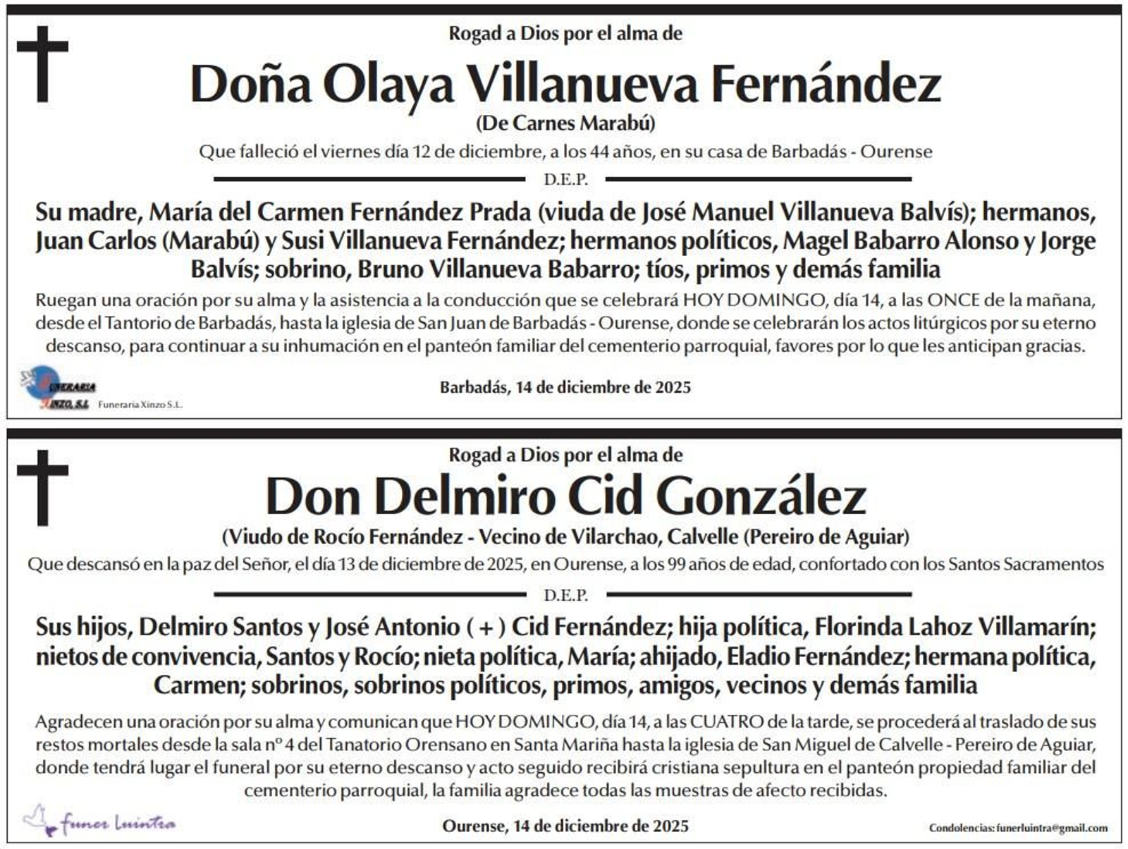 Las esquelas de hoy, domingo 14 de diciembre.