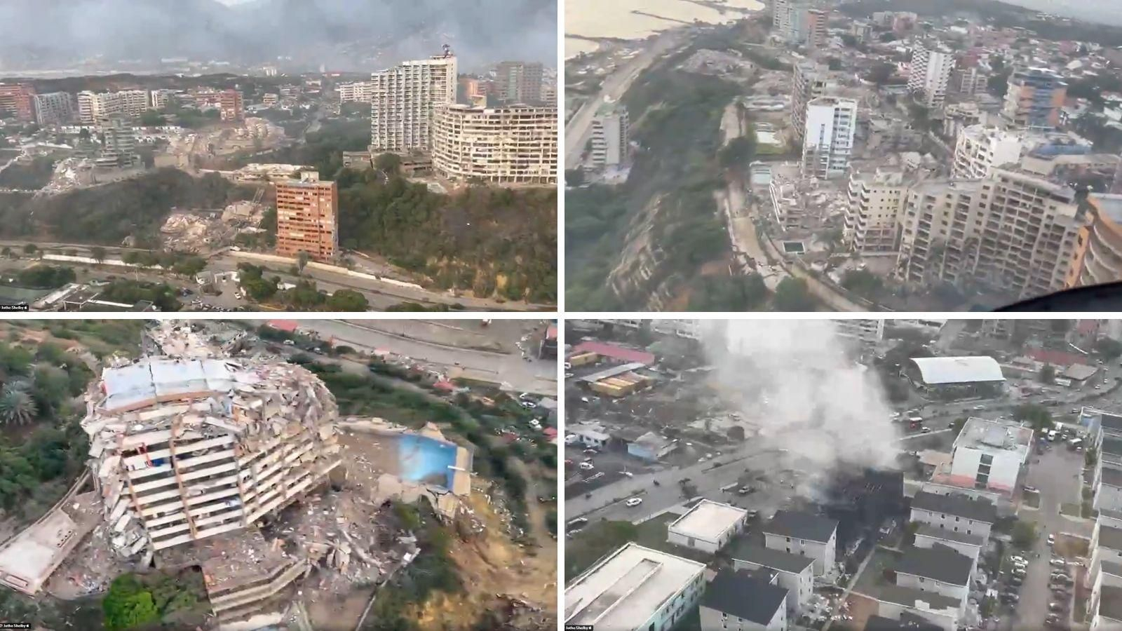 Vista aérea de La Guaira tras el doble terremoto que sacudió Venezuela, mostrando edificios colapsados, calles cubiertas de escombros y zonas enteras devastadas.