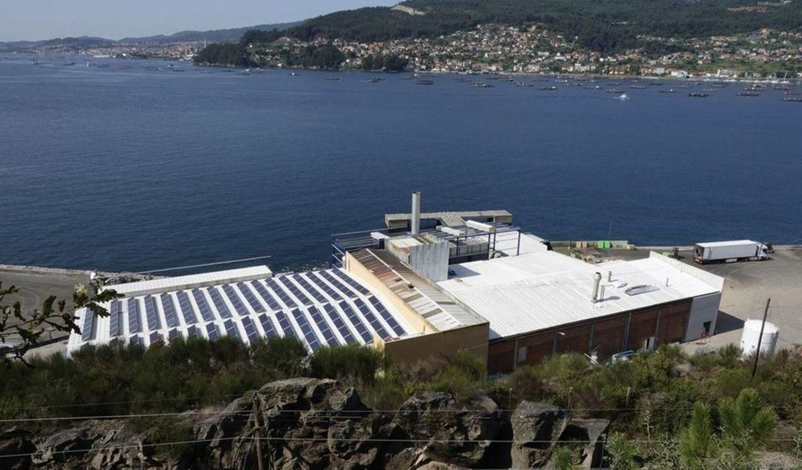 La planta de Aucosa para la transformación de residuos de pescado en harinas y aceites lleva 45 años en Rande.