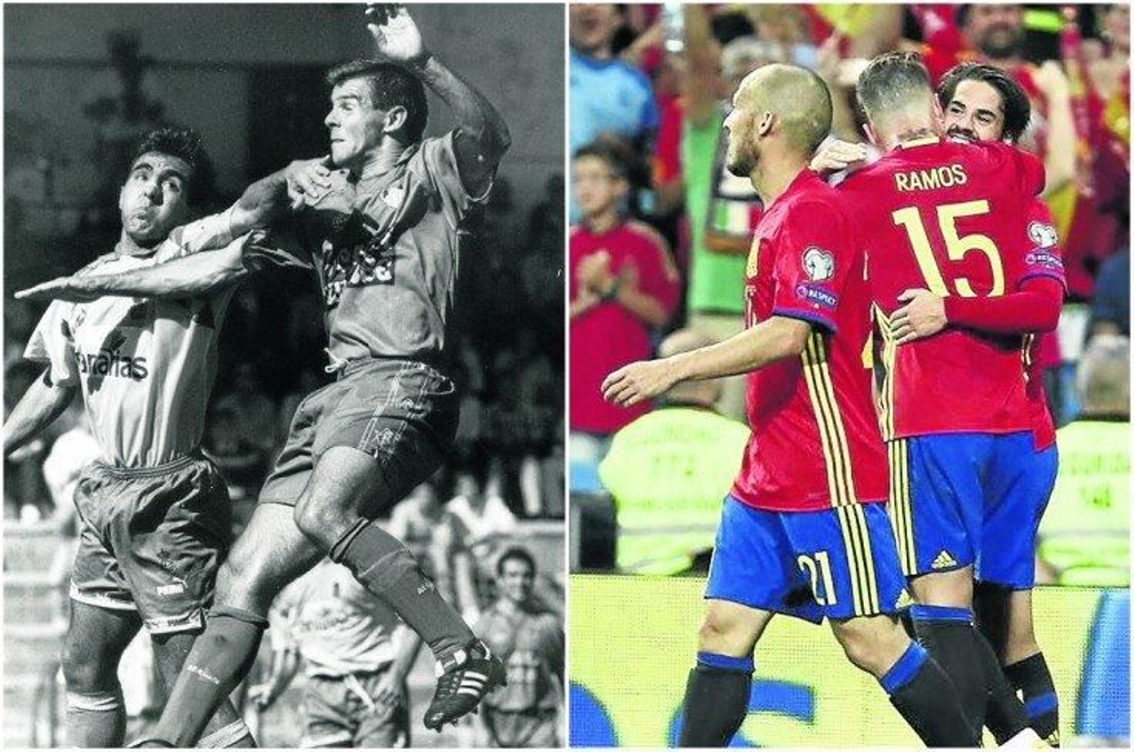 Un partido en el estadio de O Couto entre el CD Orense y Las Palmas en la temporada 95-96 (i) y varios jugadores de la selección celebran un gol (d).