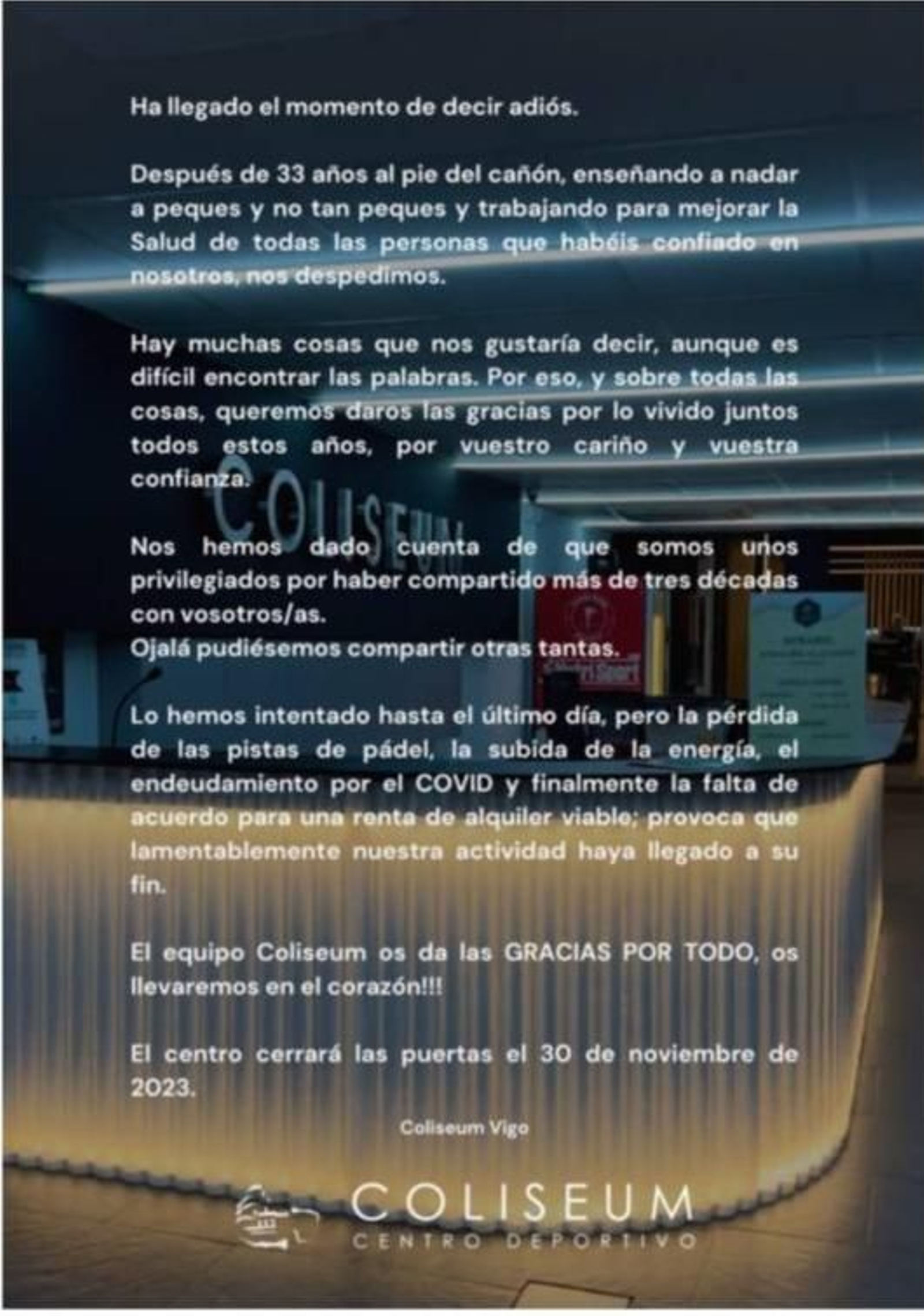 Carta de despedida del gimnasio Coliseum de Vigo.