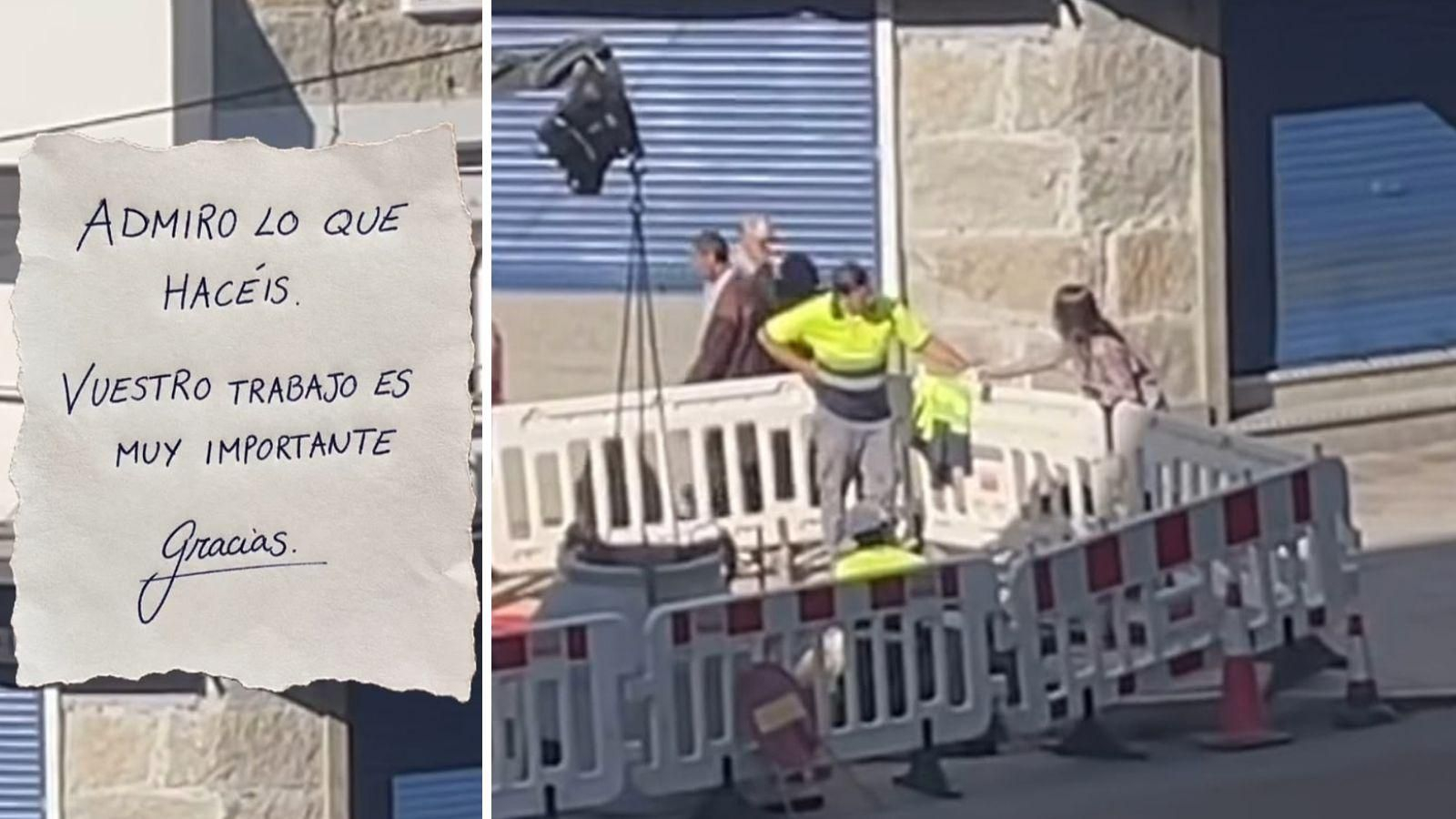 La nota que dio a los obreros, a la izquierda, y el momento de la entrega en la avenida Zamora, en Ourense.