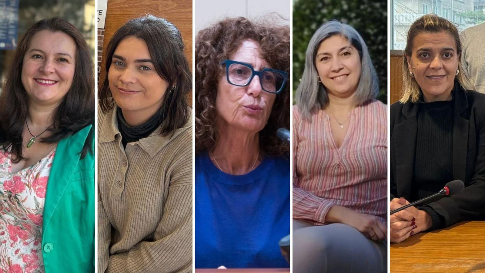 De izquierda a derecha las mujeres que suenan para optar las candidaturas a la alcaldía de Cangas en las elecciones de mayo de 2027 en los partidos con representación en la corporación municipal actual Araceli Gestido (BNG), Xiana Abal (BNG), Dolores Hermelo (PP), Victoria Portas (AV) y Sagrario Martínez (PSdeG).