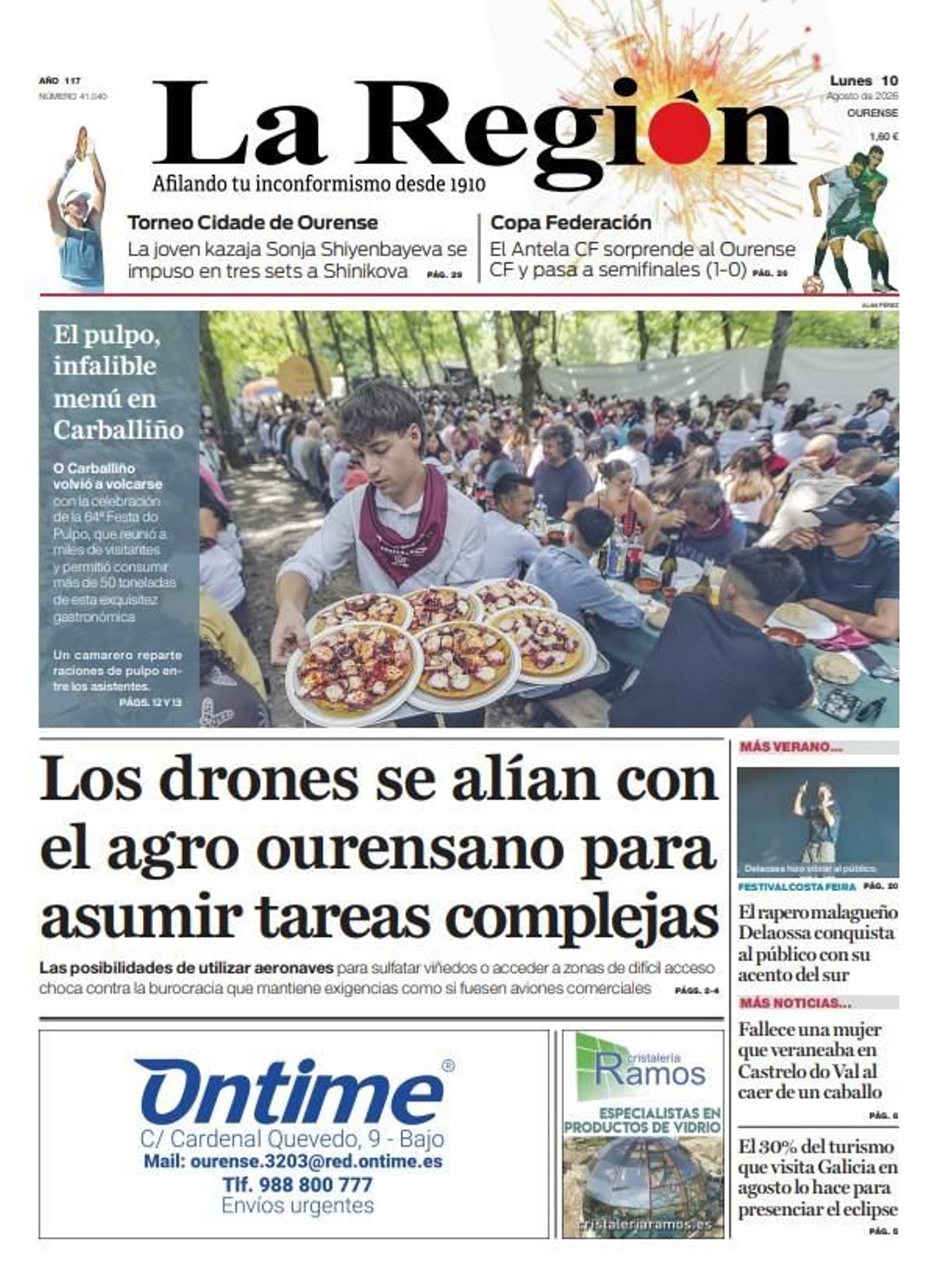 La portada de La Región de este lunes, 10 de agosto.