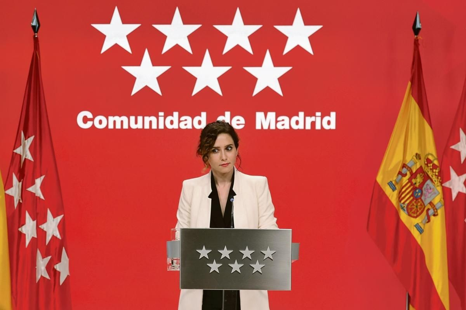 Isabel Díaz Ayuso, durante la rueda de prensa que ofreció en la Real Casa de Madrid.