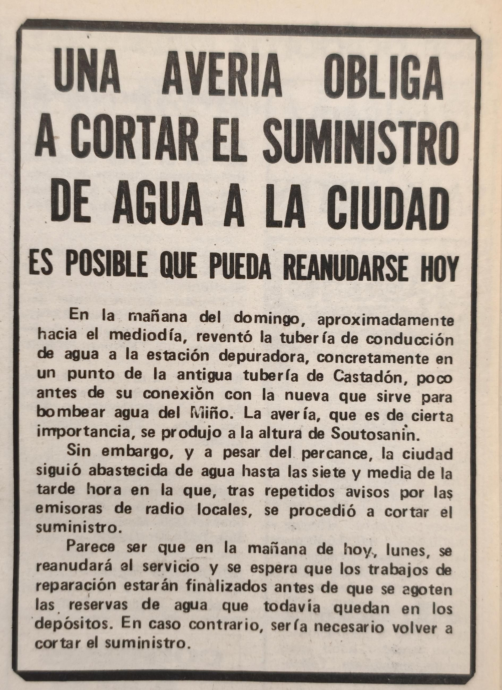 Cortado el suministro de agua en Orense