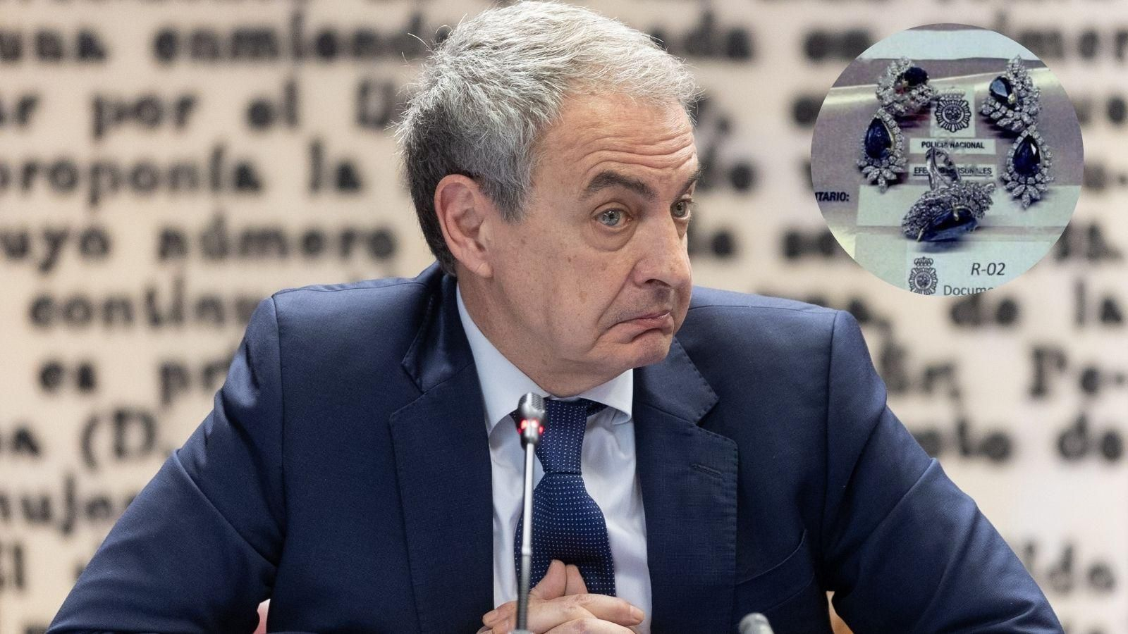 El expresidente del Gobierno José Luis Rodríguez Zapatero en su comparecencia ante la Comisión de Investigación sobre el caso Koldo y, en pequeño, algunas de las joyas incautadas.