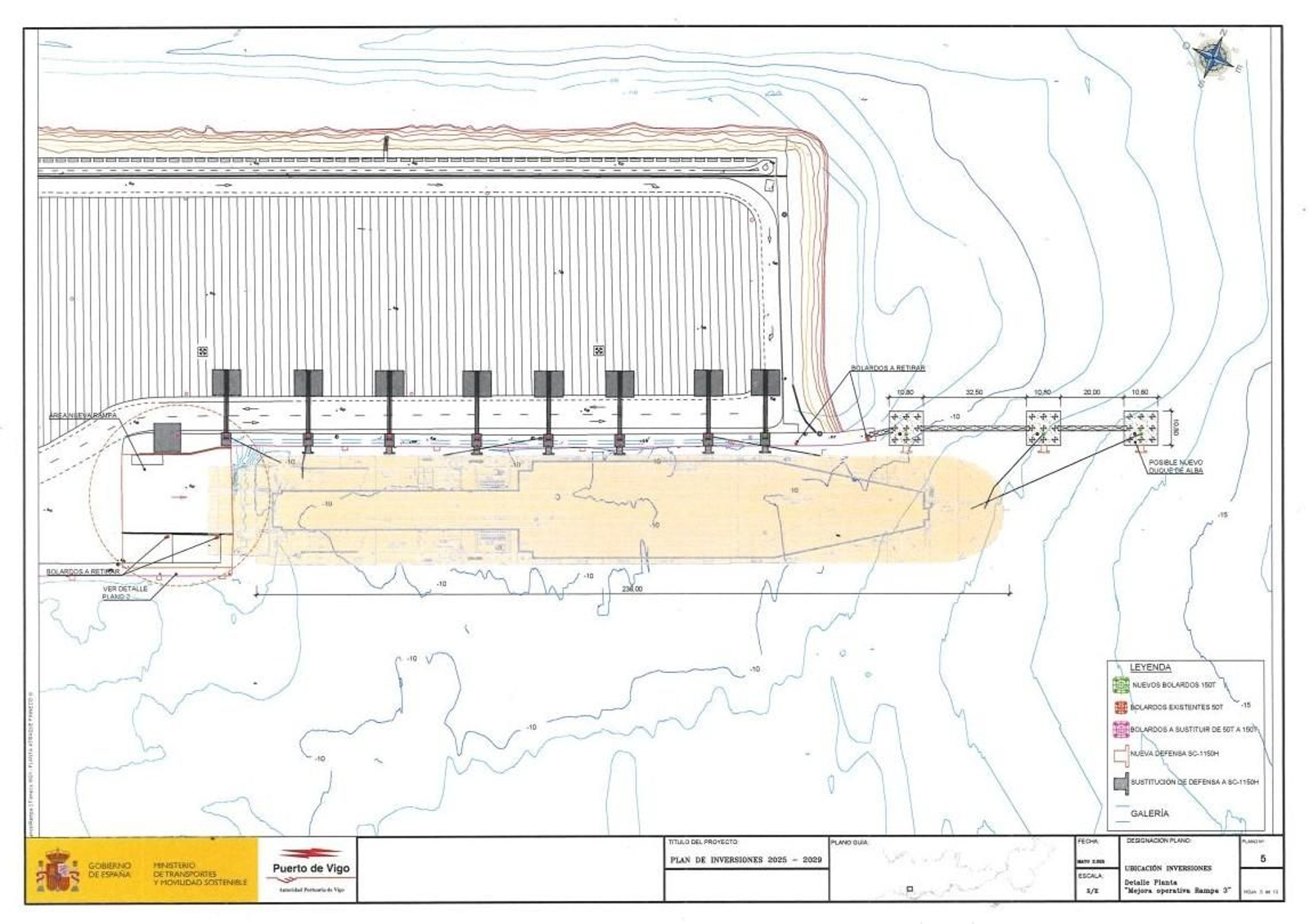 Este es el plano que  maneja la Autoridad Portuari para la ampliación de capacidad de atraque en Bouzas, con los tres “duques de alba” en un extremo que permitirán que atraquen buques de más de 200 metros, lo que hoy resulta imposible. Además, se instalarán defensas en la plataforma para facilitar las operaciones.