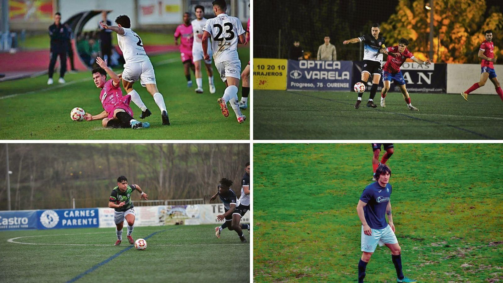 Arriba, Brian Castro, del Barco, y Alberto Blanco, del Cented. Abajo, el punta del Arnoia, Tumbeiro, e Iván Rubio, delantero del Verín.