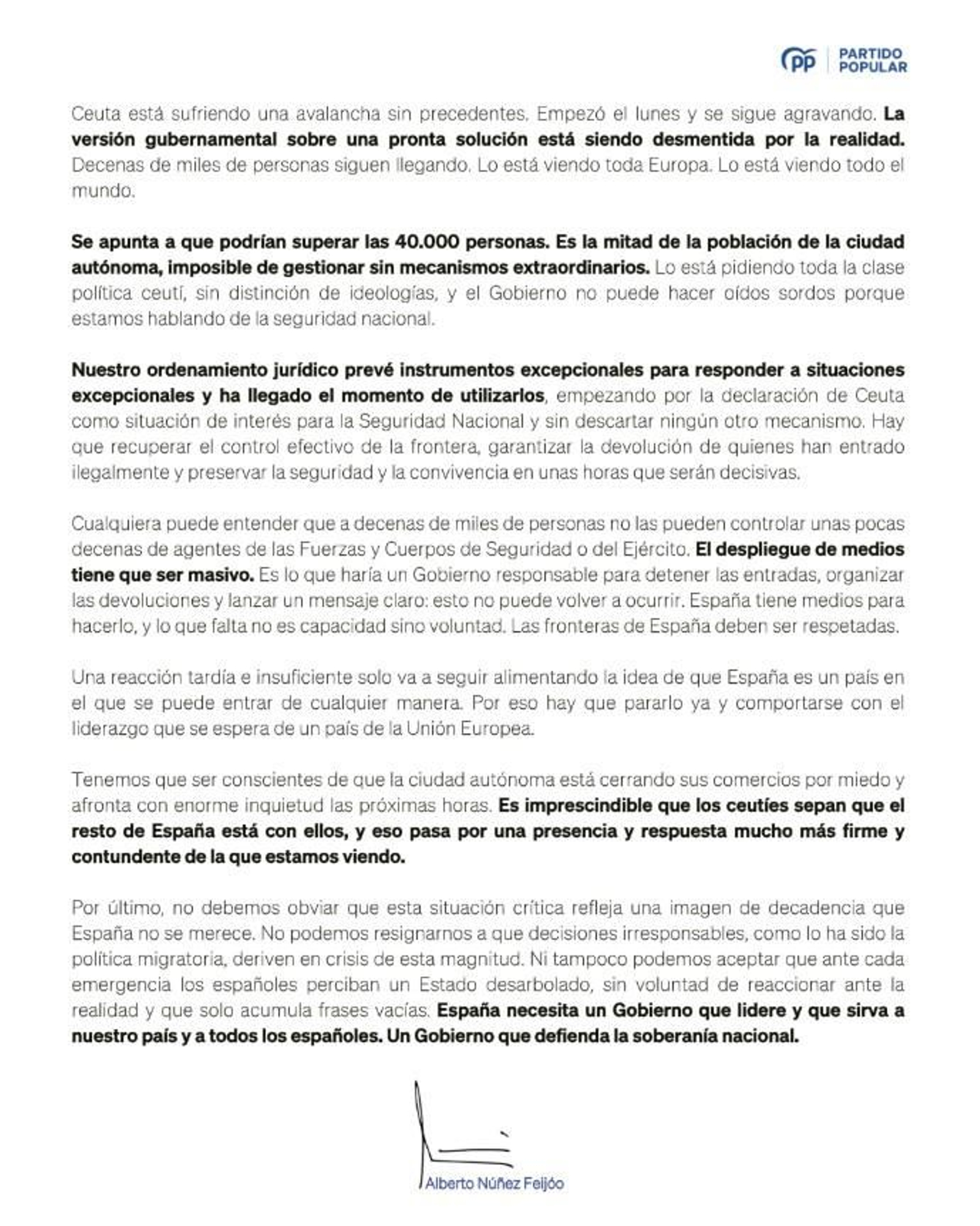 La carta de Feijoó que compartió en redes sociales pidiendo declarar Ceuta de interés para la Seguridad Nacional.