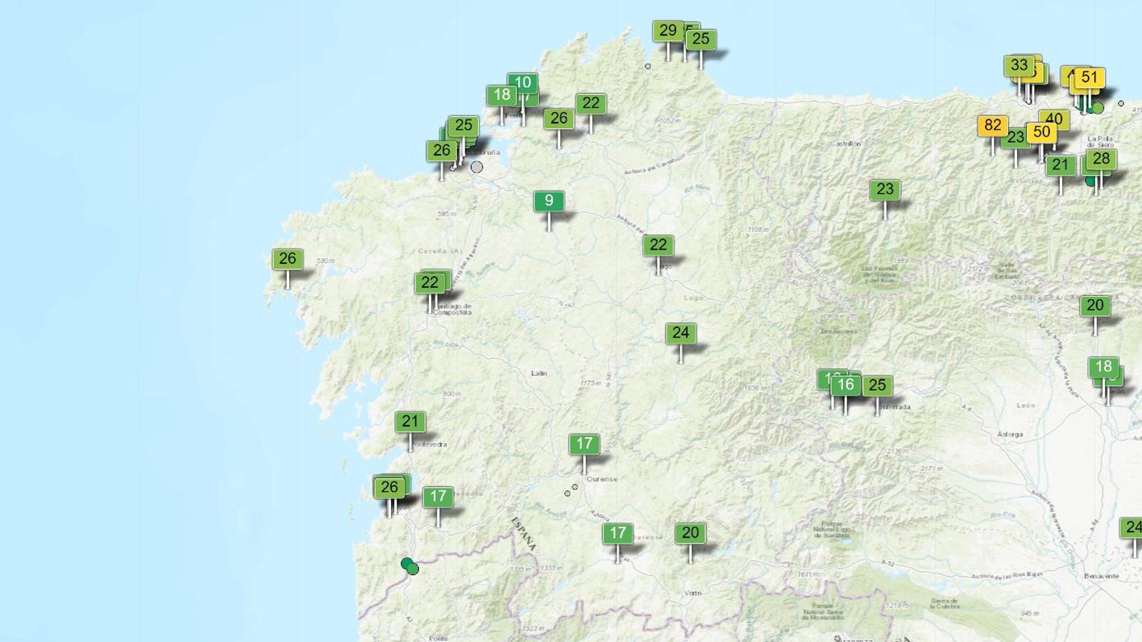 Mapa de Galicia con los valores del ICA recogidos. Waki.Info