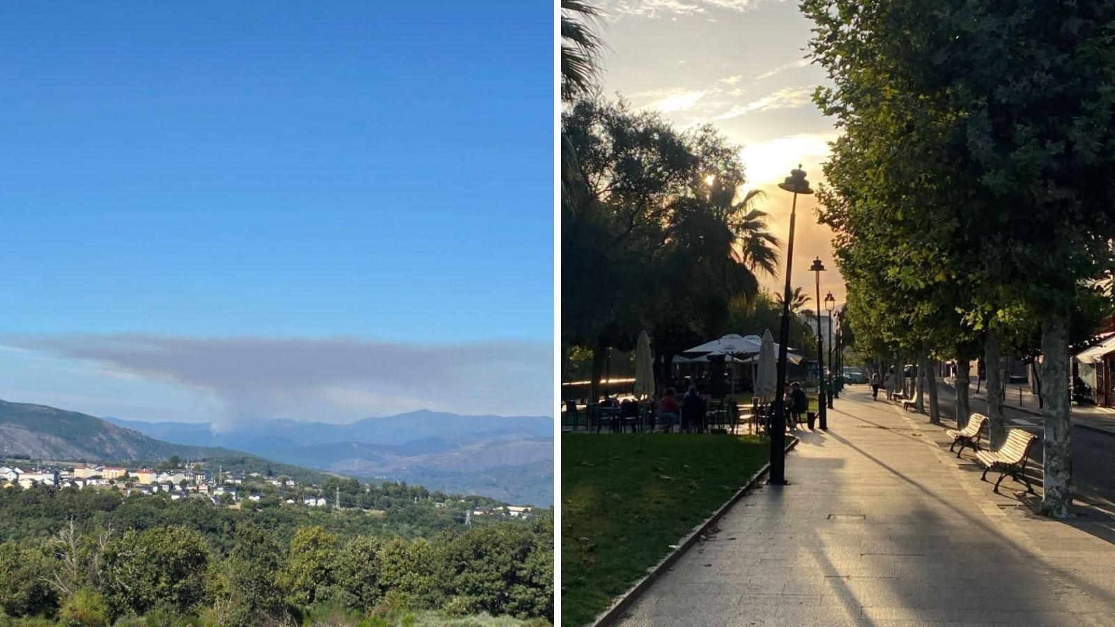 Vista del incendio desde Trives (izquierda) y Valdeorras (derecha)