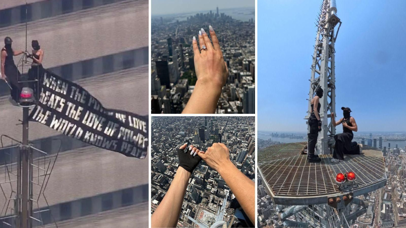 La pareja escaló sin autorización la antena del Empire State, desplegó una pancarta a favor de la paz y protagonizó una pedida de matrimonio.