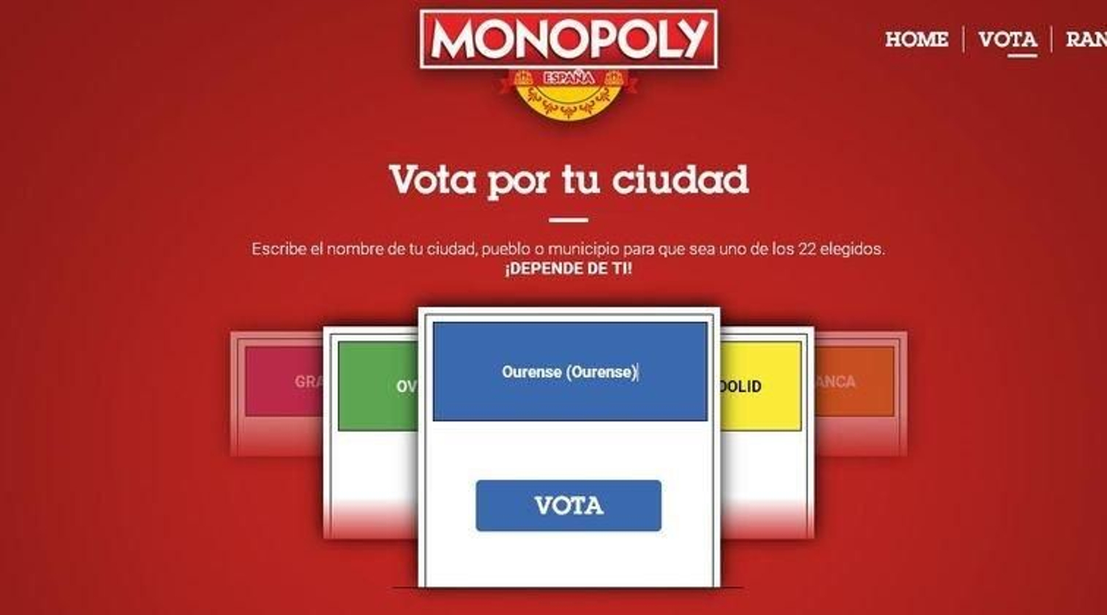 Puedes votar por tu ciudad o pueblo favorito en votamonopolyespaña.com.