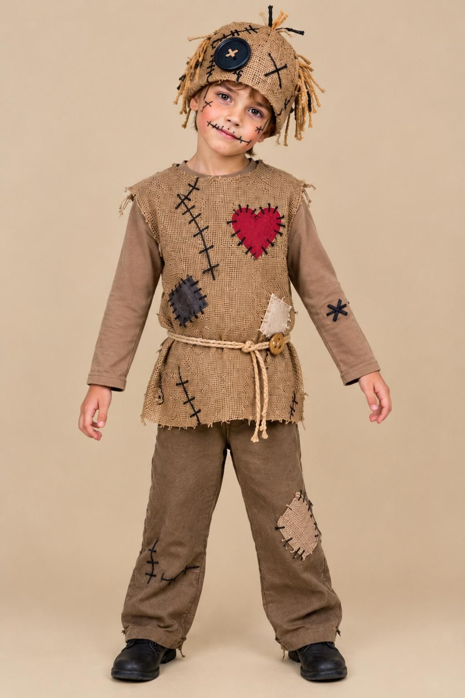 Ropa marrón o de arpillera, remiendos de fieltro, botones grandes y costuras dibujadas para crear un efecto de muñeco de trapo. Imagen creada con inteligencia artificial.