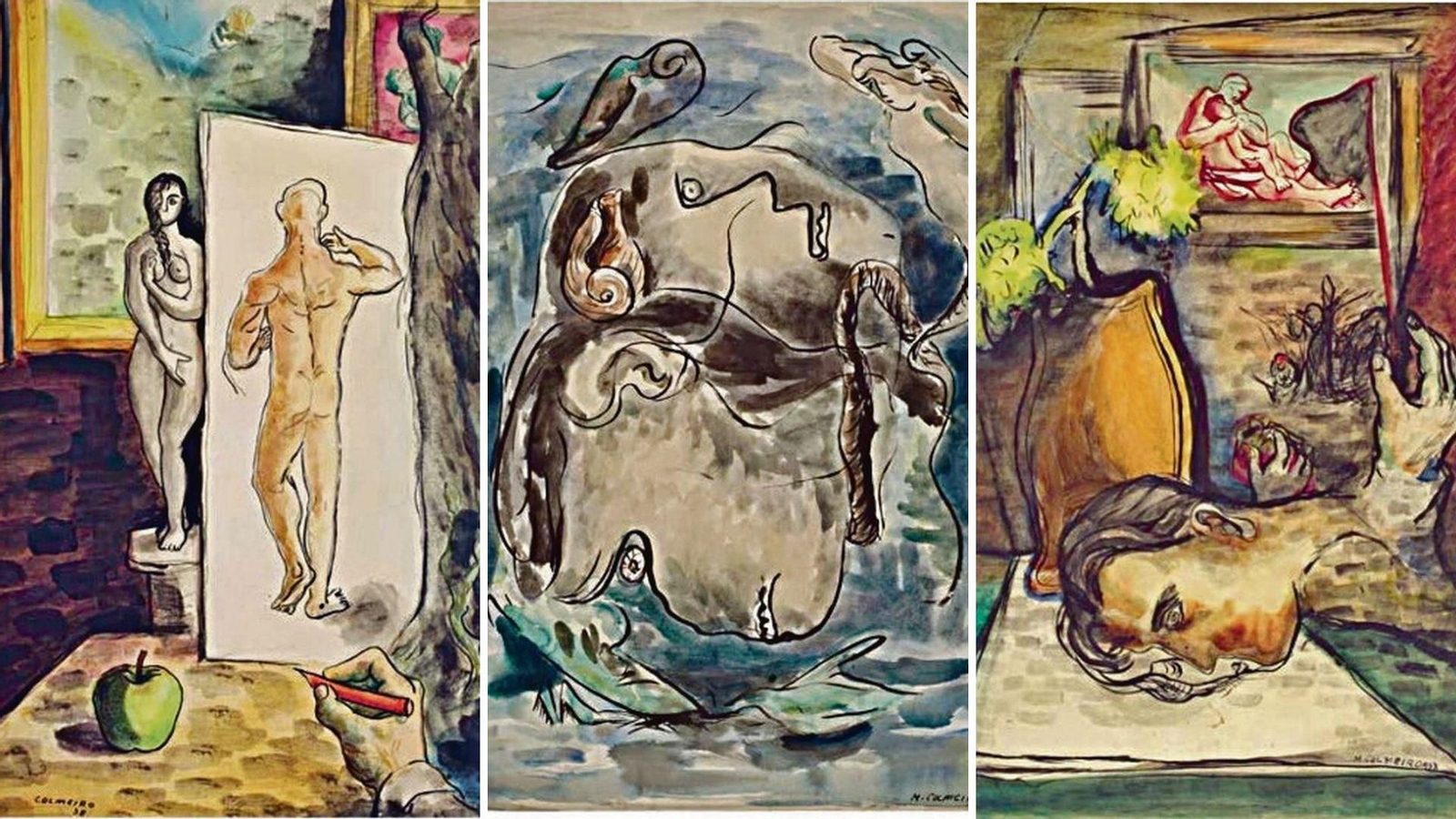 Obras de Manuel Colmeiro incluidas en la exposición: Acuarela sobre papel de 1939; “Traxedia”, de 1937 y “Escea de guerra”, de 1937-38.