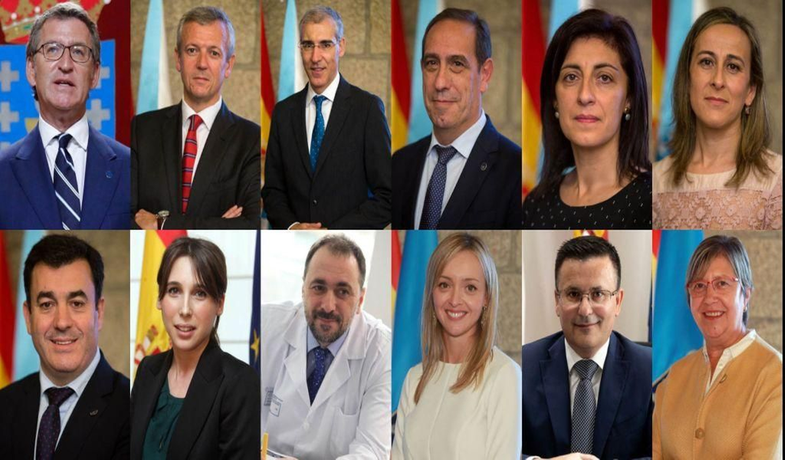 Alberto Núñez Feijóo, presidente
Alfonso Rueda Valenzuela, Vicepresidencia Primeira e Consellería de Presidencia, Xustiza e Turismo
Francisco Conde, Vicepresidencia Segunda e Consellería de Economía, Empresa e Innovación
Valeriano Martínez, Consellería de Facenda e Administración Pública
Ánxeles Vázquez, Consellería de Medio Ambiente, Territorio e Vivenda
Ethel Vázquez, Consellería de Infraestruturas e Mobilidade - Xunta de Galicia
Román Rodríguez,, Consellería de Cultura, Educación e Universidade
María Jesús Lorenzana, Consellería de Emprego e Igualdade 
Julio García Comesaña, Consellería de Sanidade
Fabiola García, Consellería de Política Social
José González, Consellería do Medio Rural
Rosa Quintana Consellería do Mar.