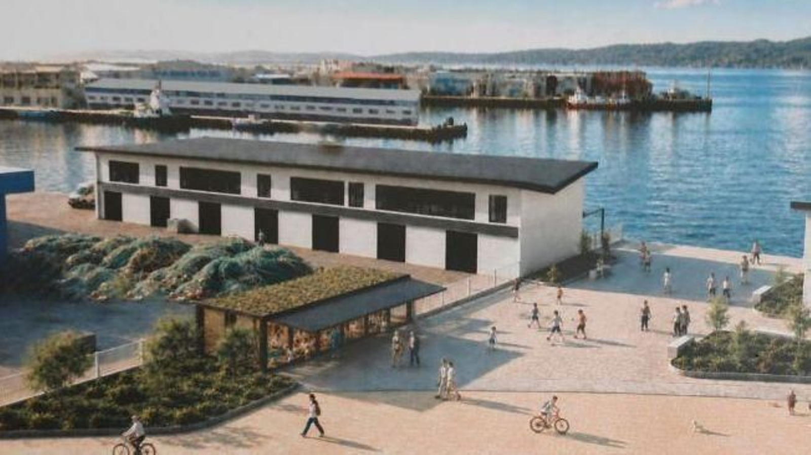 En la imagen se puede ver cómo quedará el entorno de la nave de rederas tras finalizar las obras, con un espacio que urbanizará el Puerto para la ciudad. Es el tercero tras la Curva de San Gregorio y Arealonga-Teis.