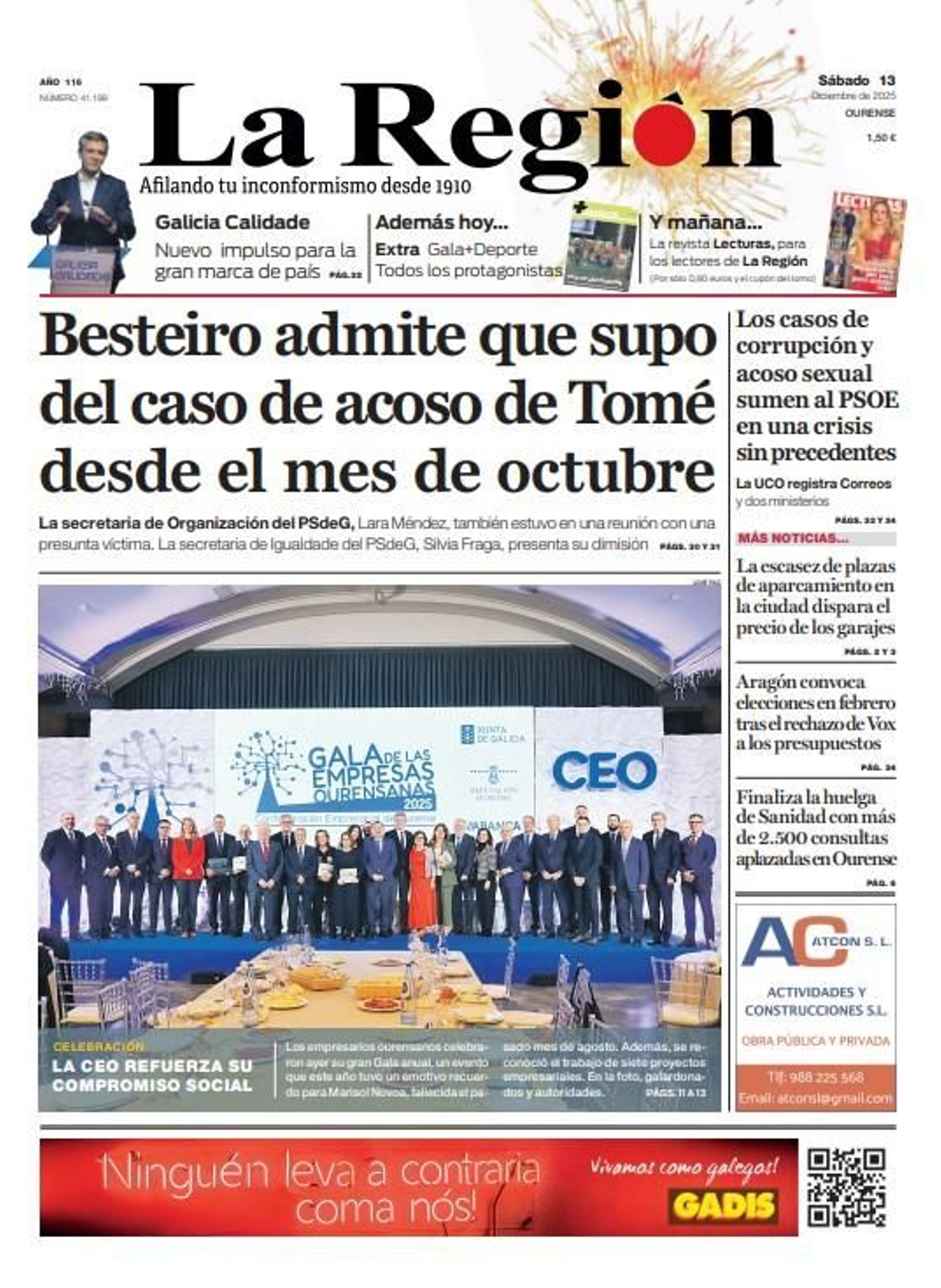 La portada de La Región del sábado 13 de diciembre