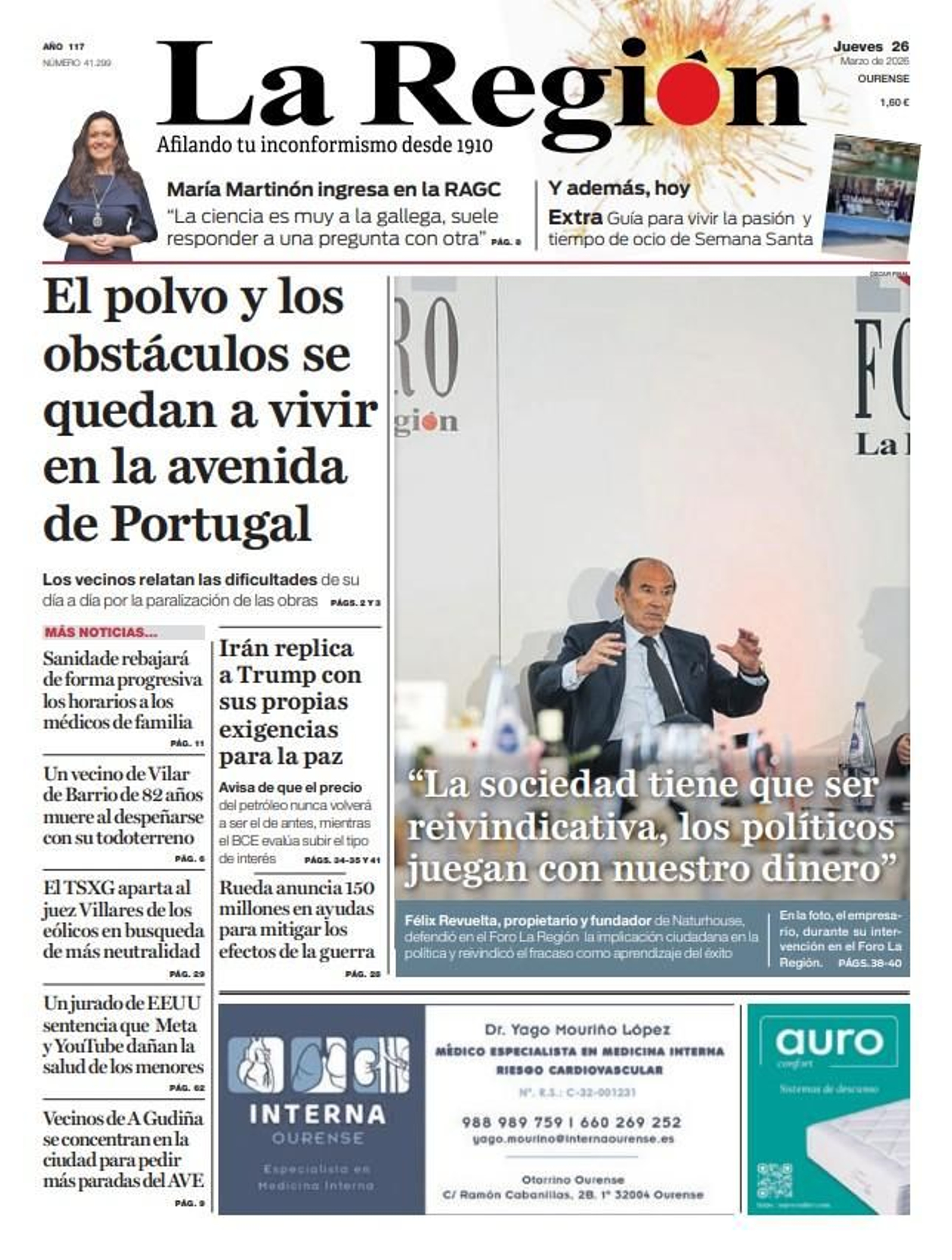 La portada de La Región, 26 de marzo.