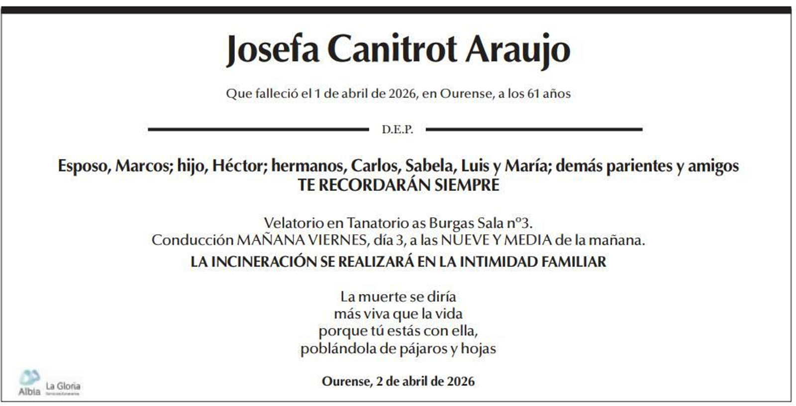 Imagen de la esquela publicada en La Región