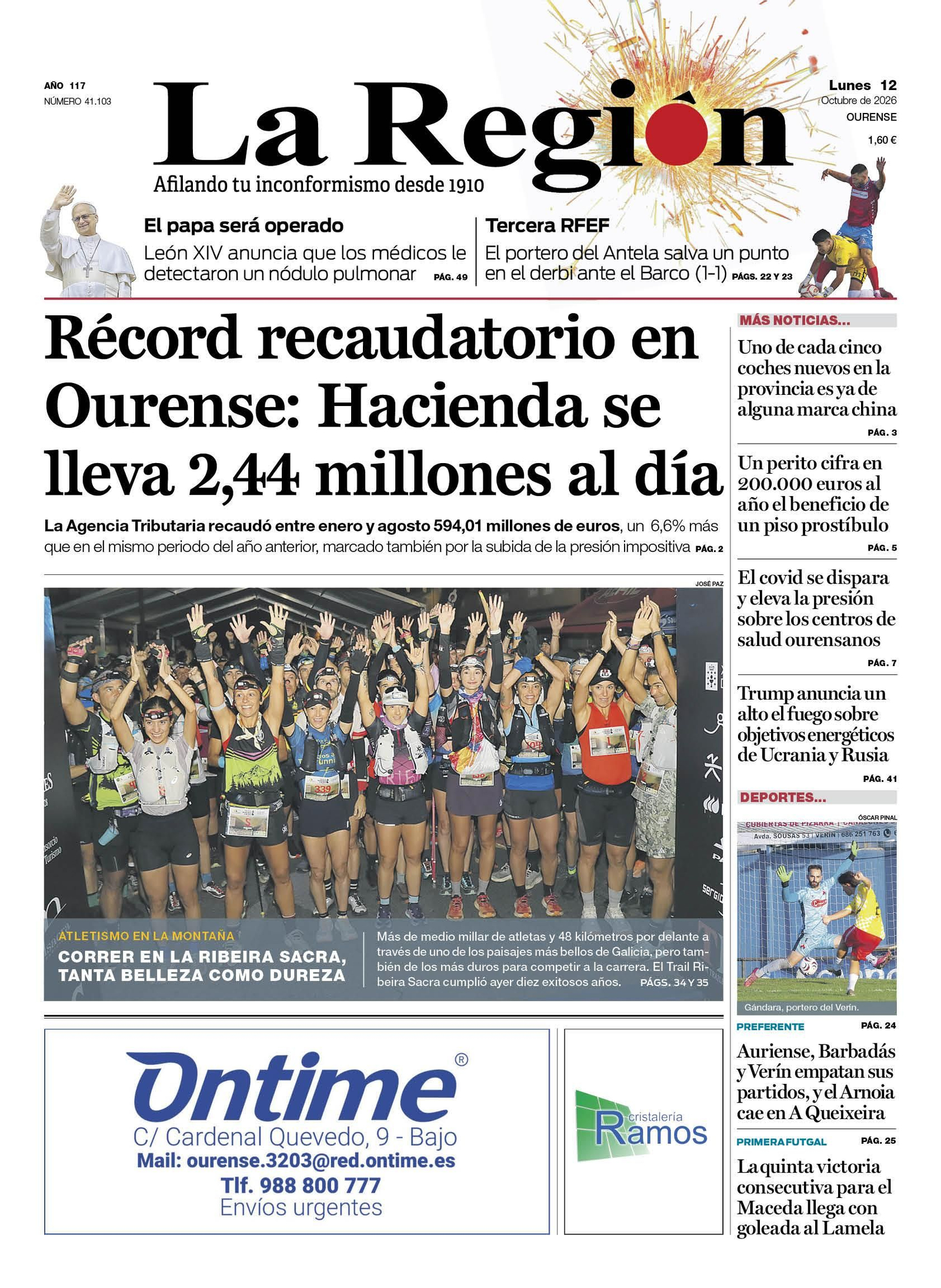 La portada de La Región de este lunes, 12 de octubre.