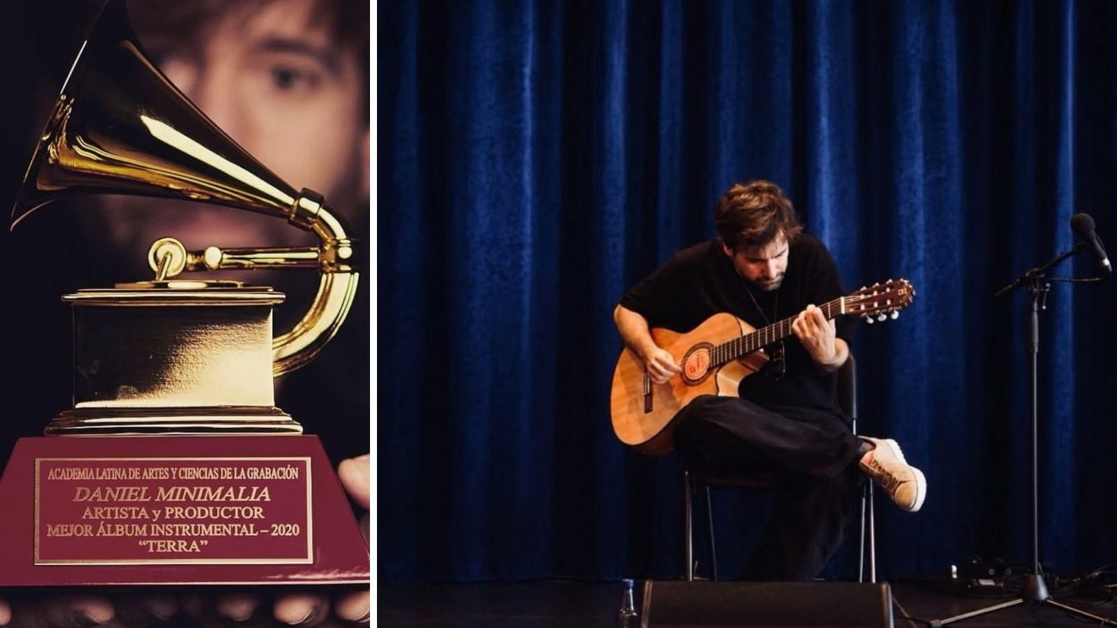 Daniel Minimalia, a la izquierda, con el Latin Grammy por su álbum "Terra" y tocando la guitarra recientemente, a la derecha.