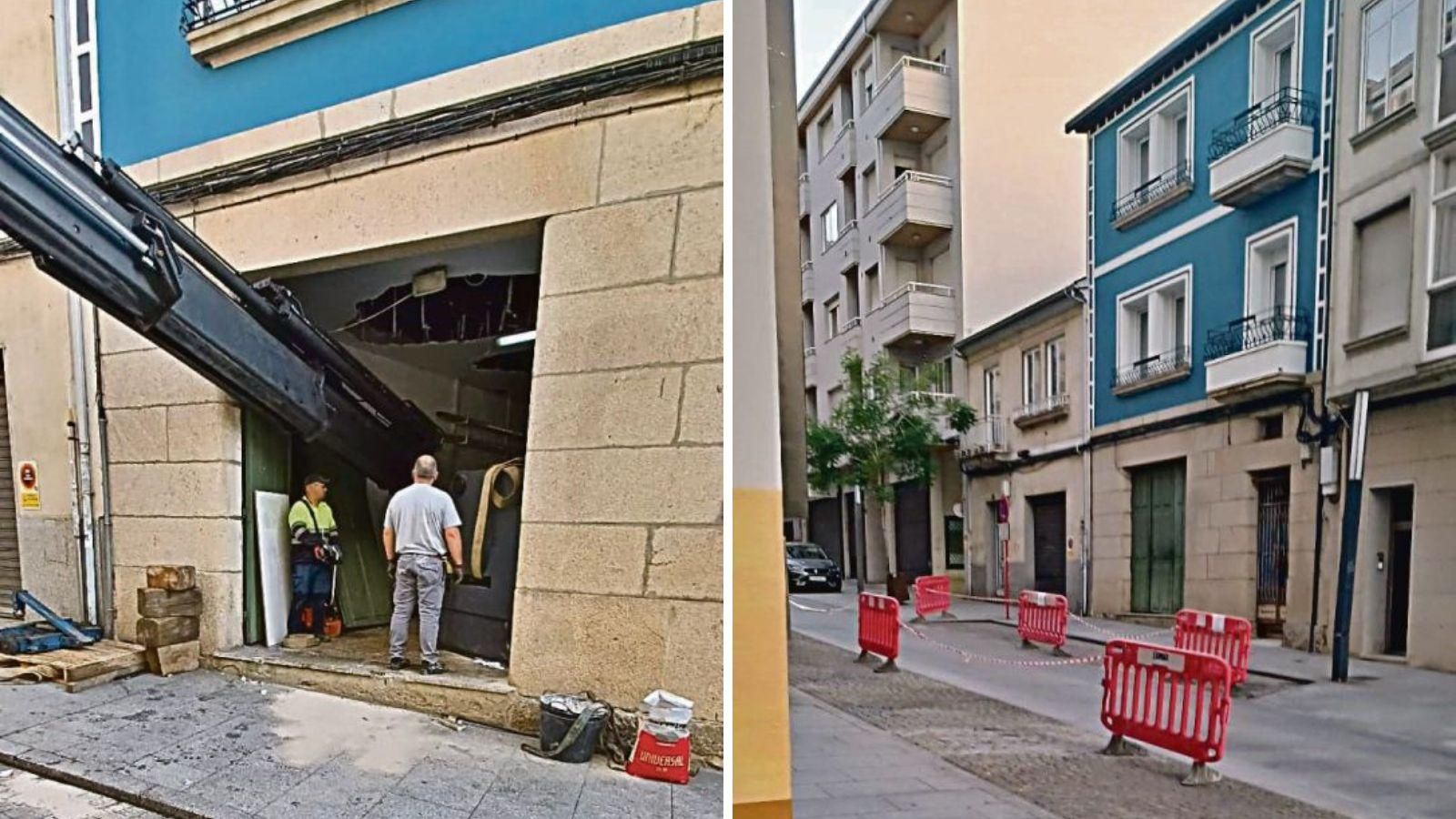 La grúa retirando parte de la maquinaria del interior del taller y la entrada del taller de Aceros Argimiro, ya cerrada.