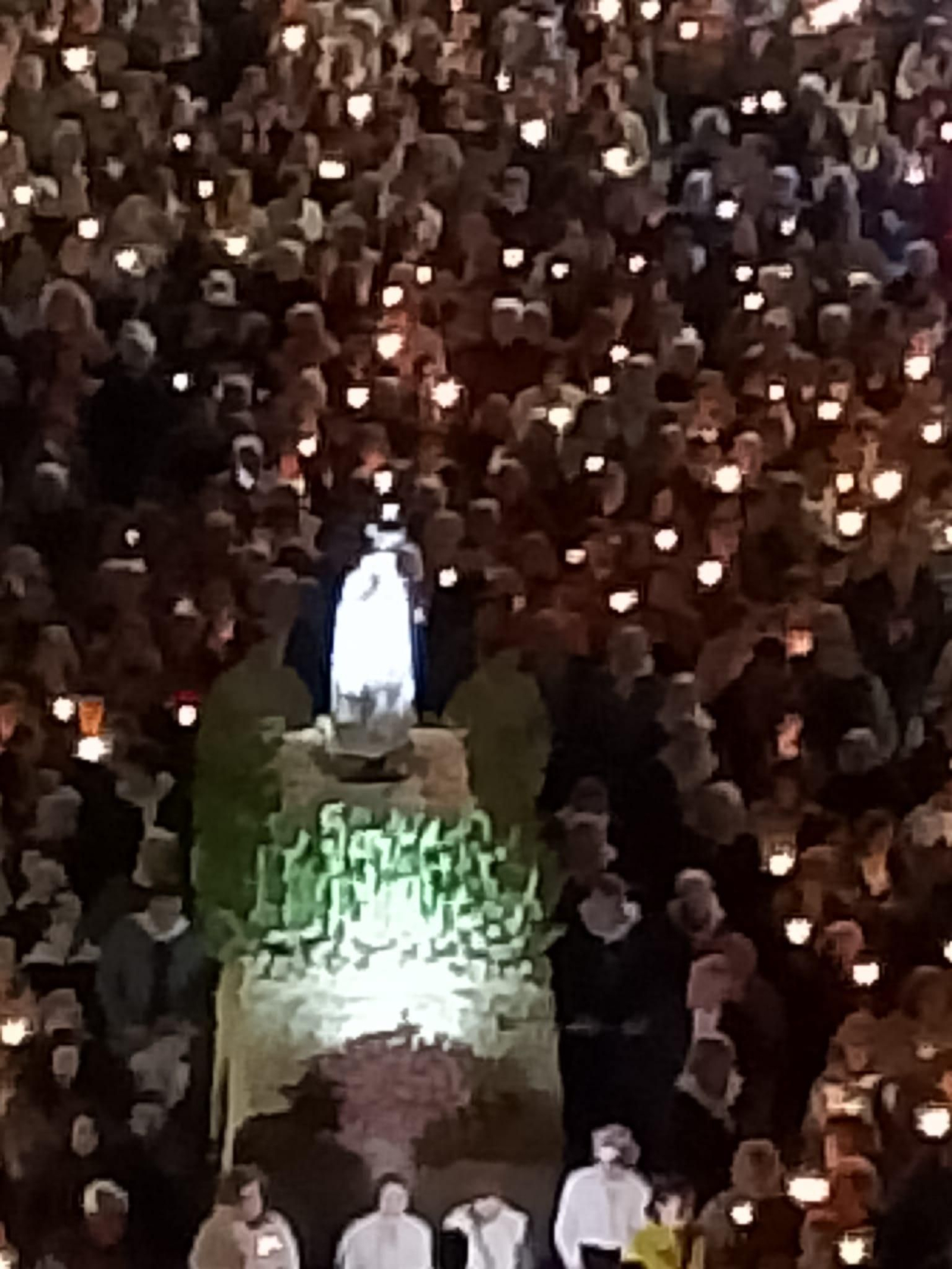 Detalle de la figura de la Virgen de Fátima, profusamente engalanada con flores para su noche más especial en la ciudad