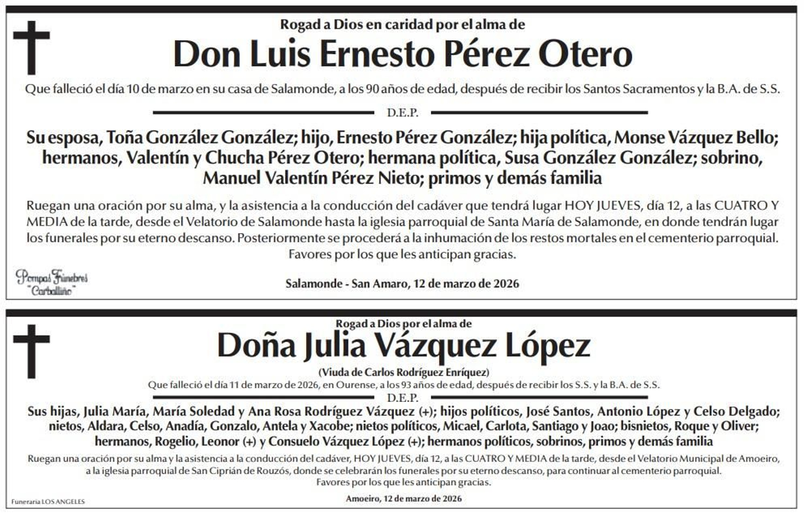 Las esquelas de este jueves, 12 de marzo.