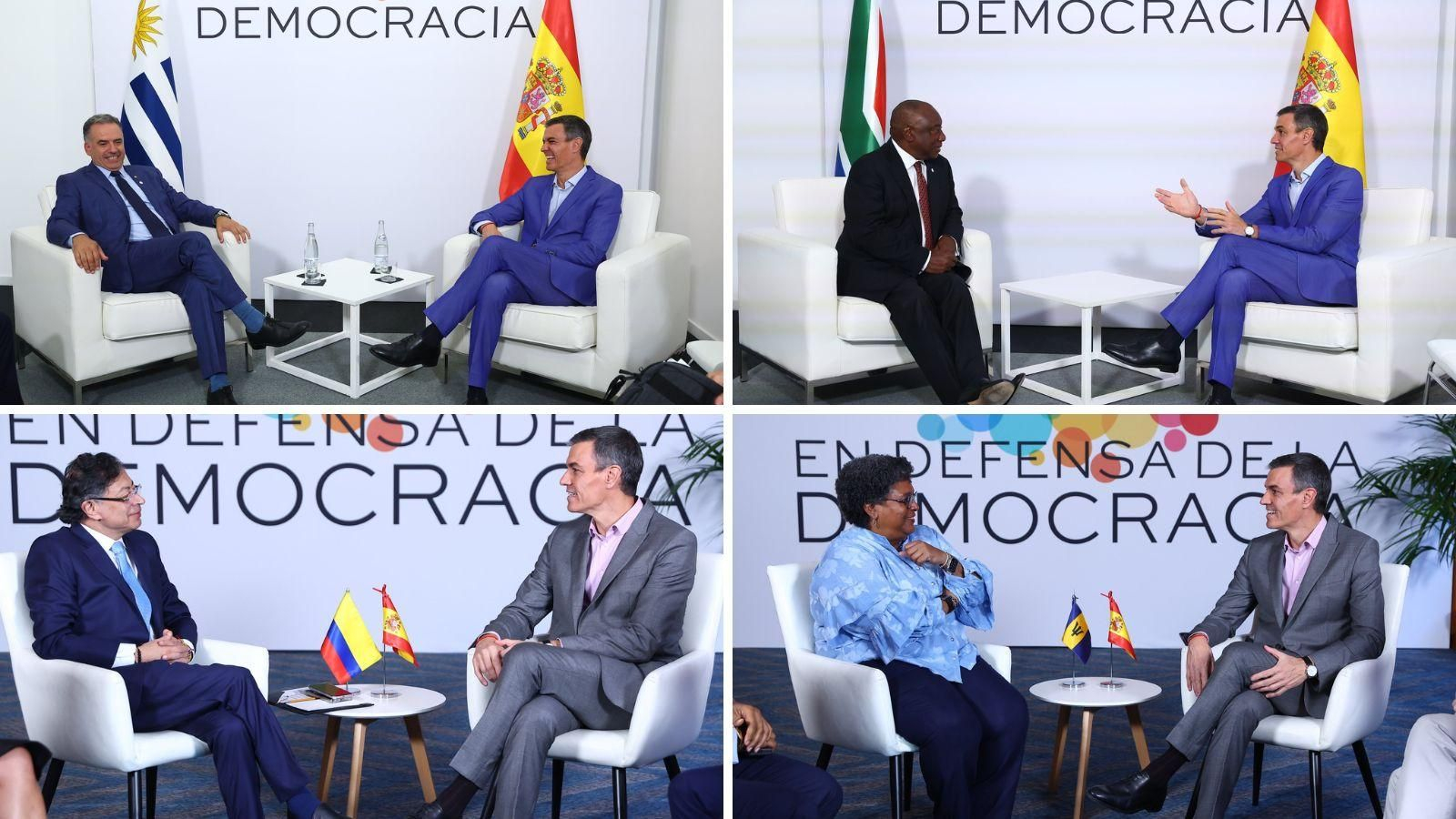 Pedro Sánchez, durante su encuentro en Barcelona con los líderes de Colombia, Uruguay, Barbados y Sudáfrica en el marco de la cumbre progresista en defensa de la democracia.