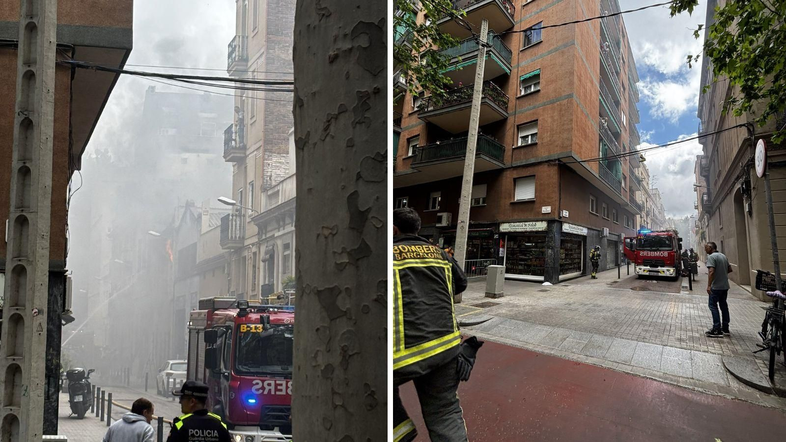 Los bomberos de Barcelona trabajan en el exterior del edificio del barrio del Poblenou donde una explosión de una bombona de butano ha provocado un incendio.
